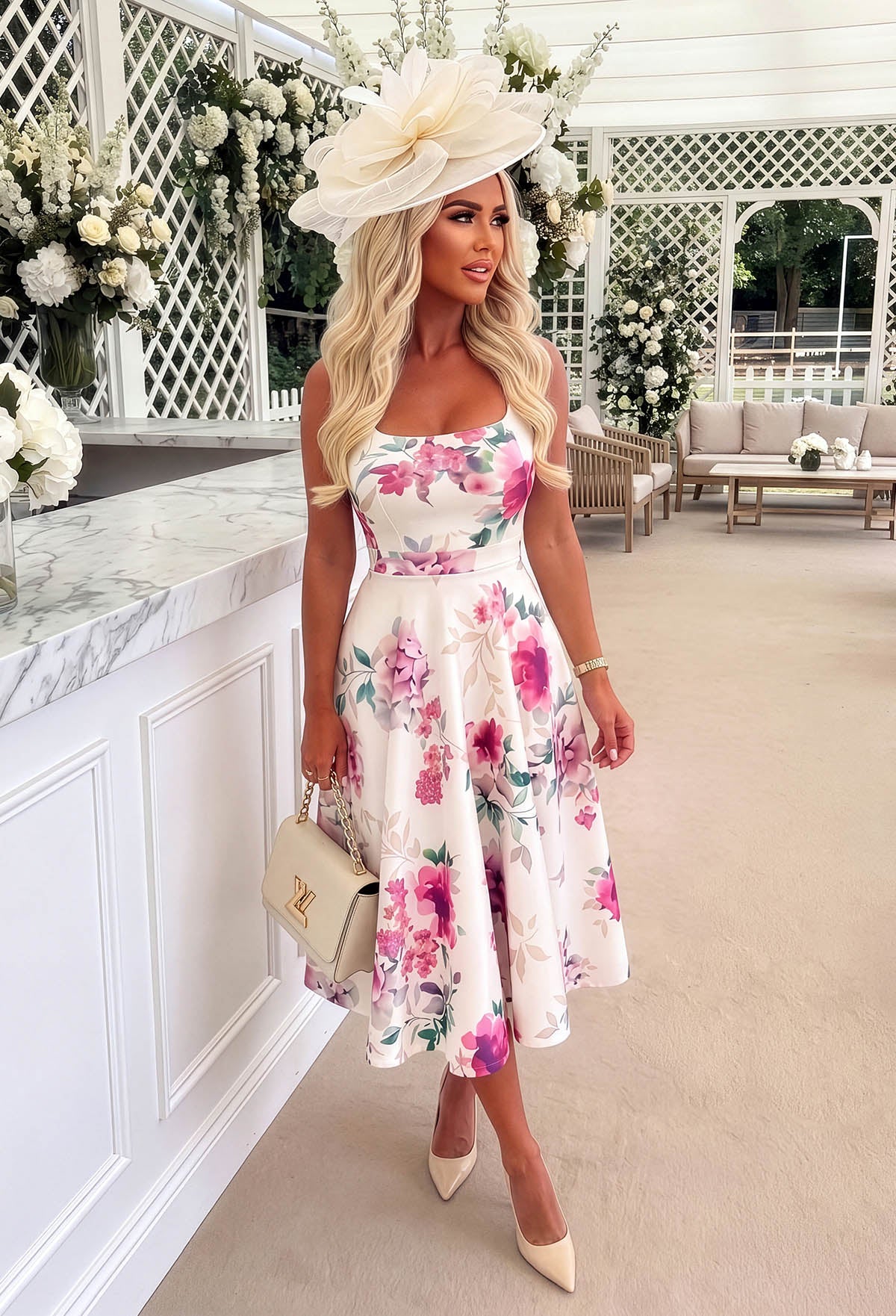 Petal Whisper Pink Pretty Floral Flared Skirt Midi Dress