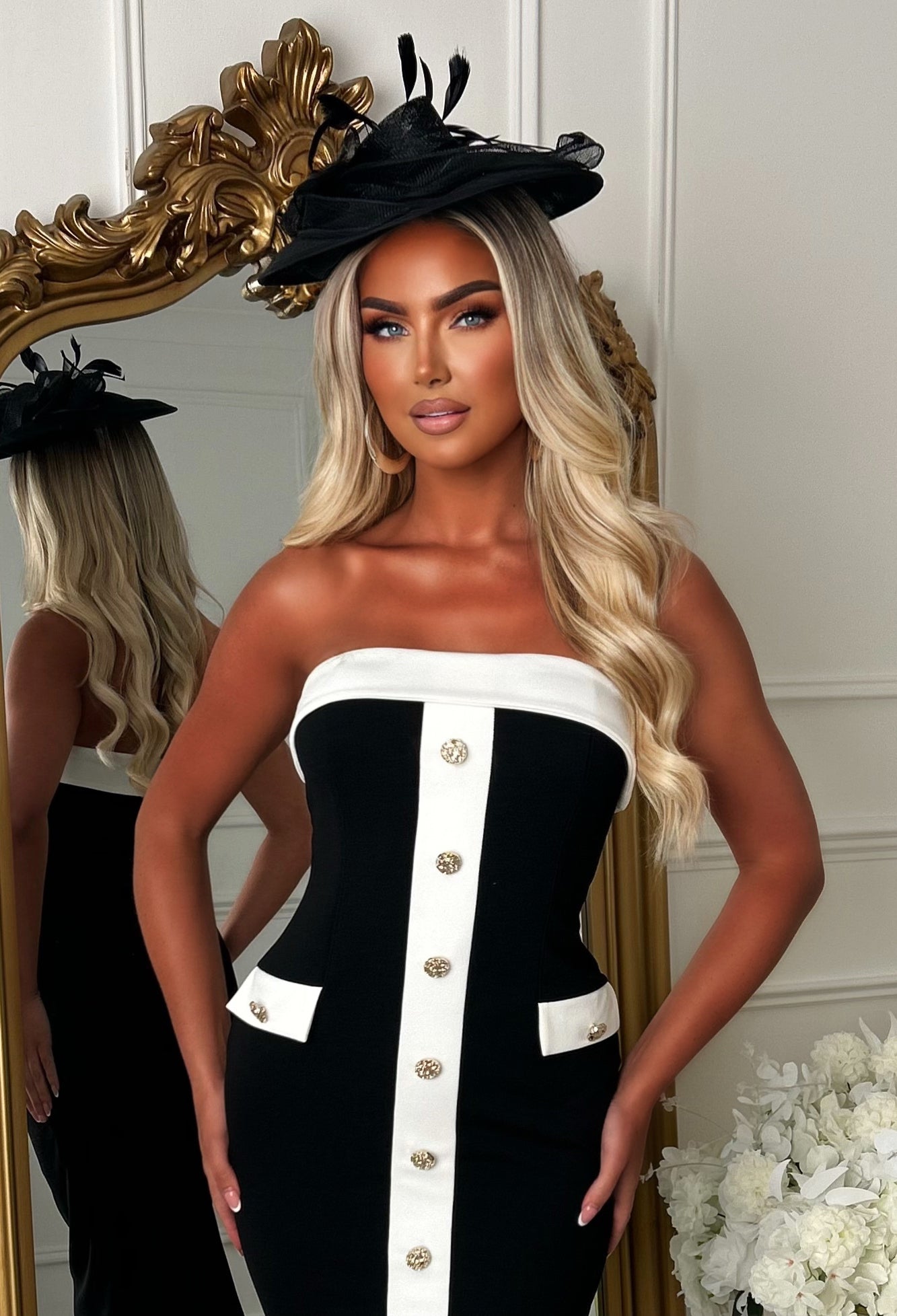 Photo Finish Black Button Front Monochrome Bandeau Midi Dress