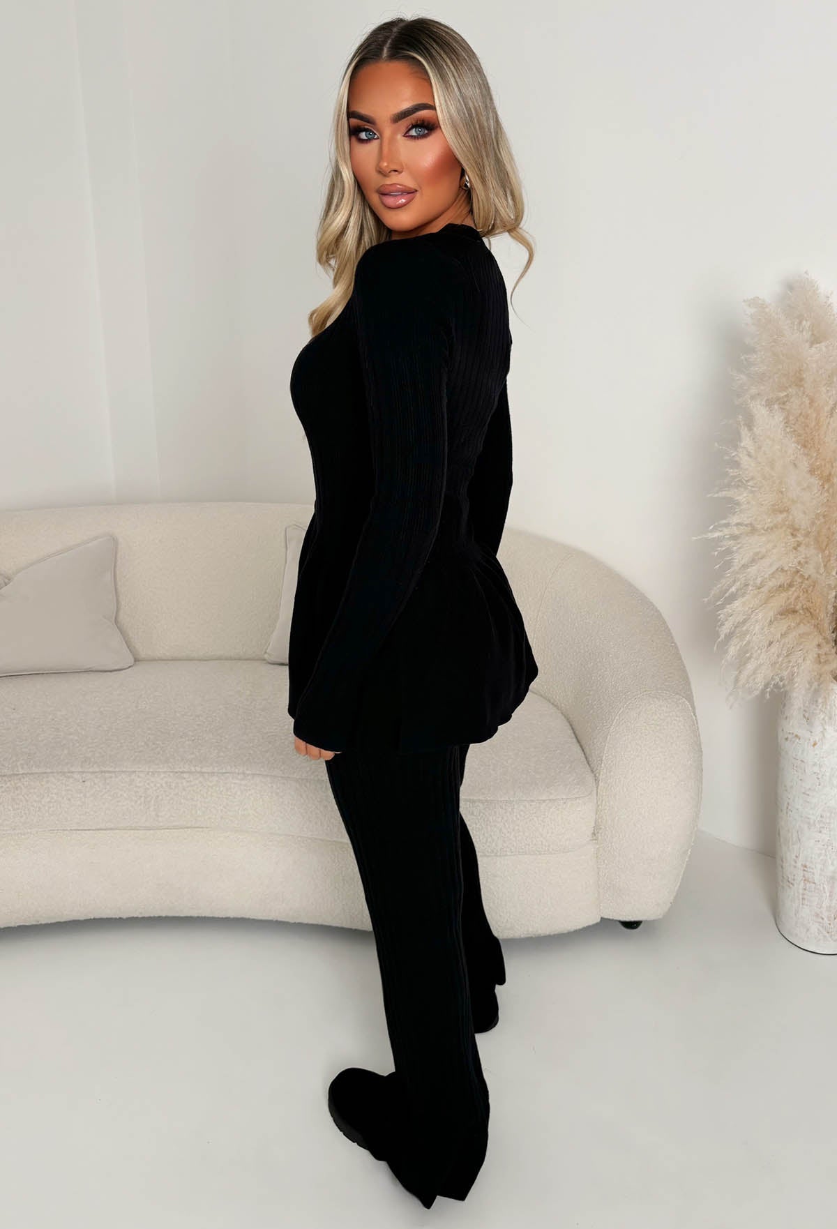 Posed & Pretty Black Peplum Knitted Lounge Co-Ord Set | Pink Boutique