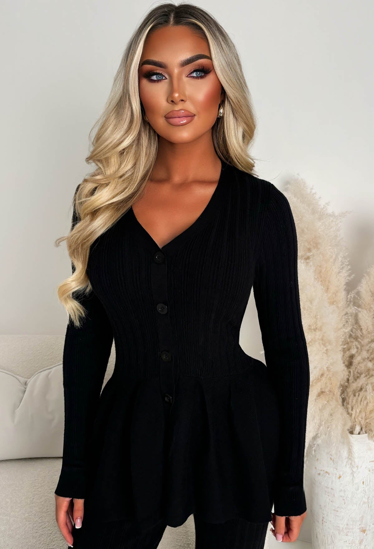 Posed & Pretty Black Peplum Knitted Lounge Co-Ord Set | Pink Boutique