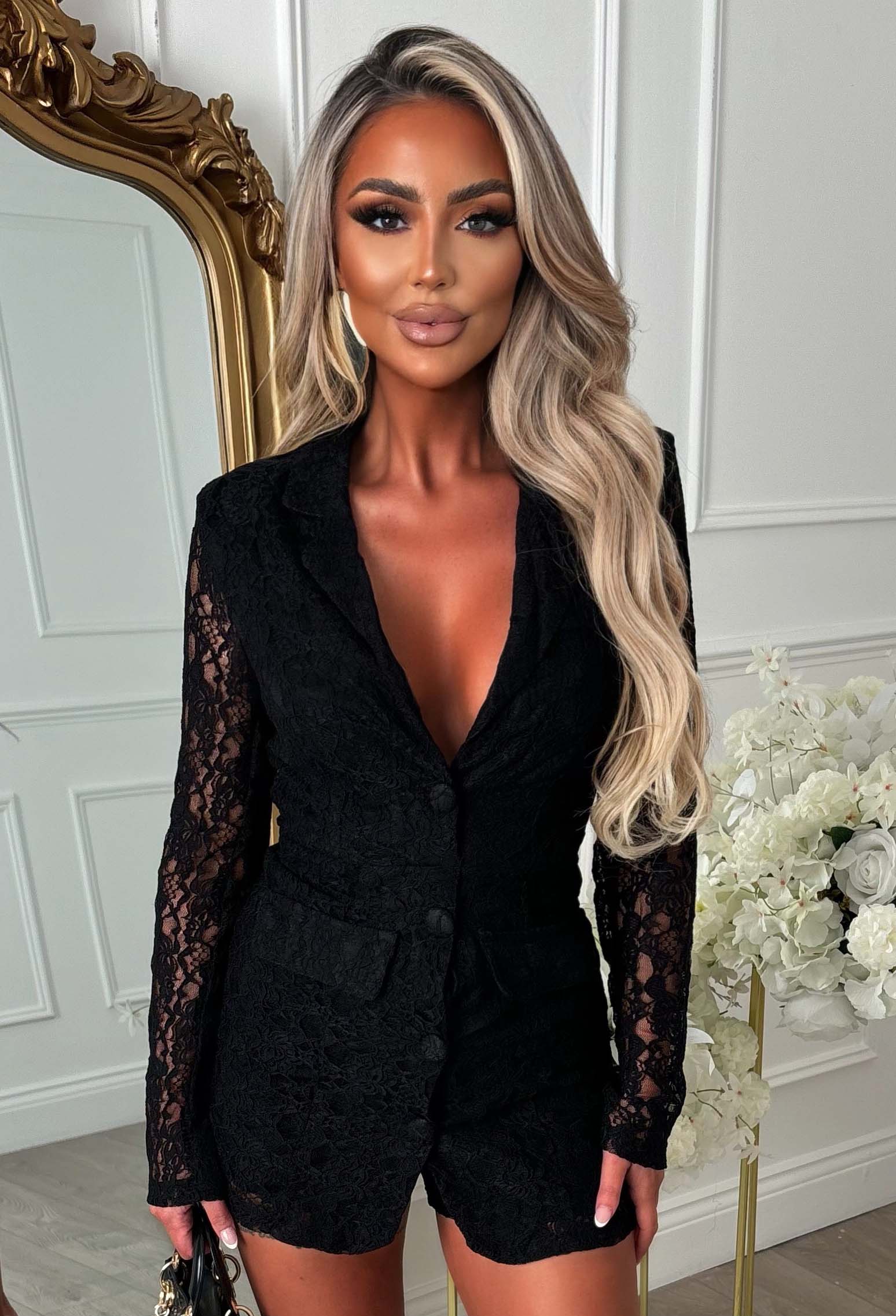 Power Drama Black Lace Long Sleeved Playsuit