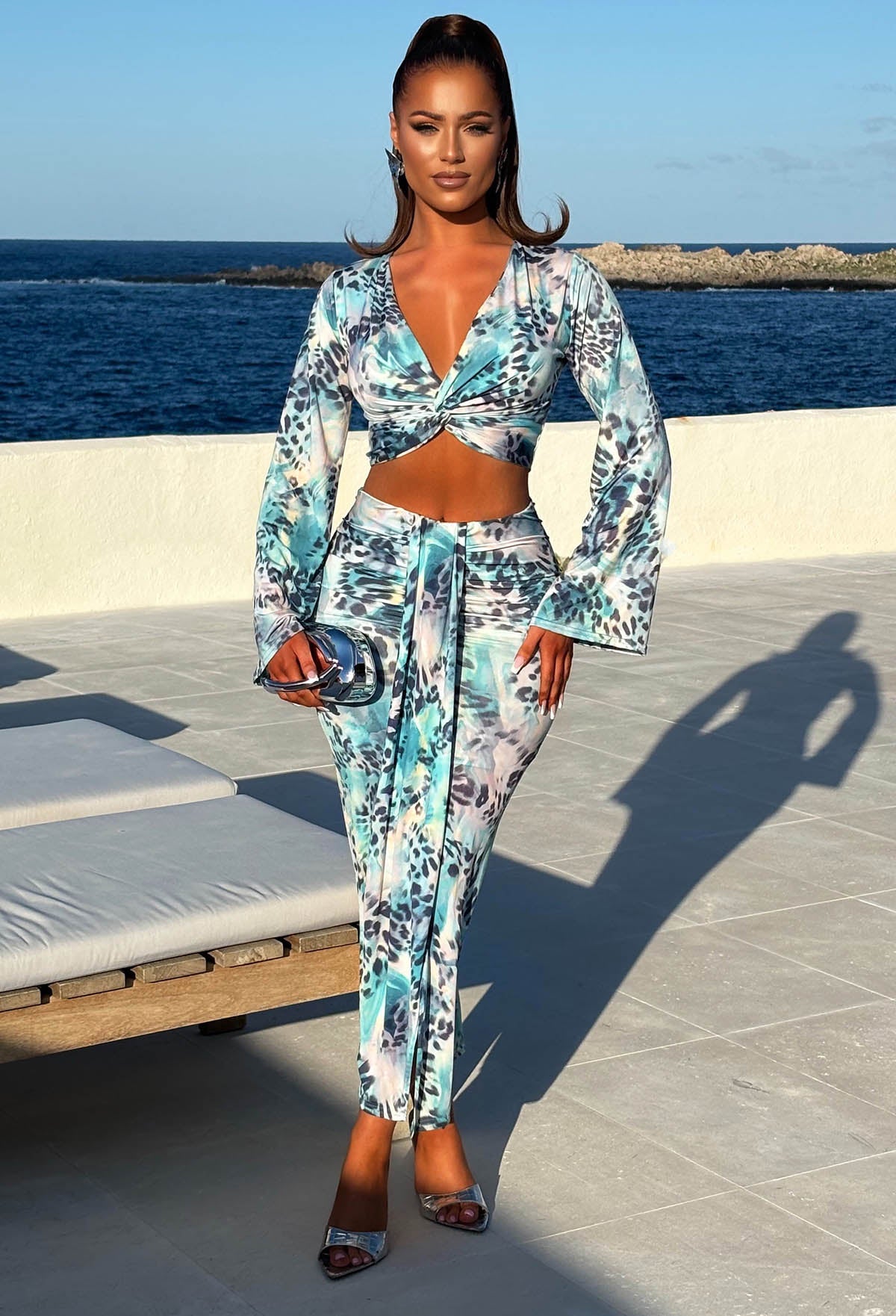 Model in Holiday Villa wearing Blue Leopard Print Knot Front Top & Skirt Co-Ord Set Full Length Front View 