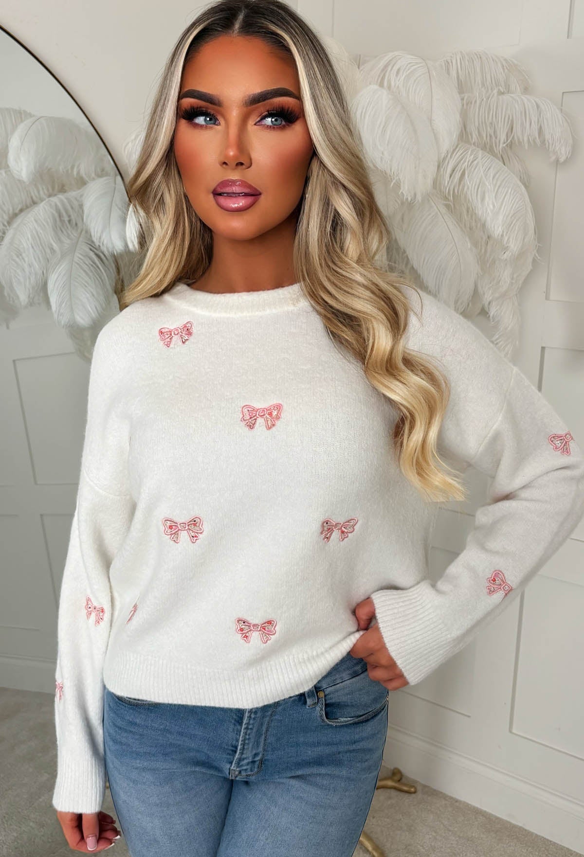 Pretty In Bows Cream Bow Crew Neck Jumper