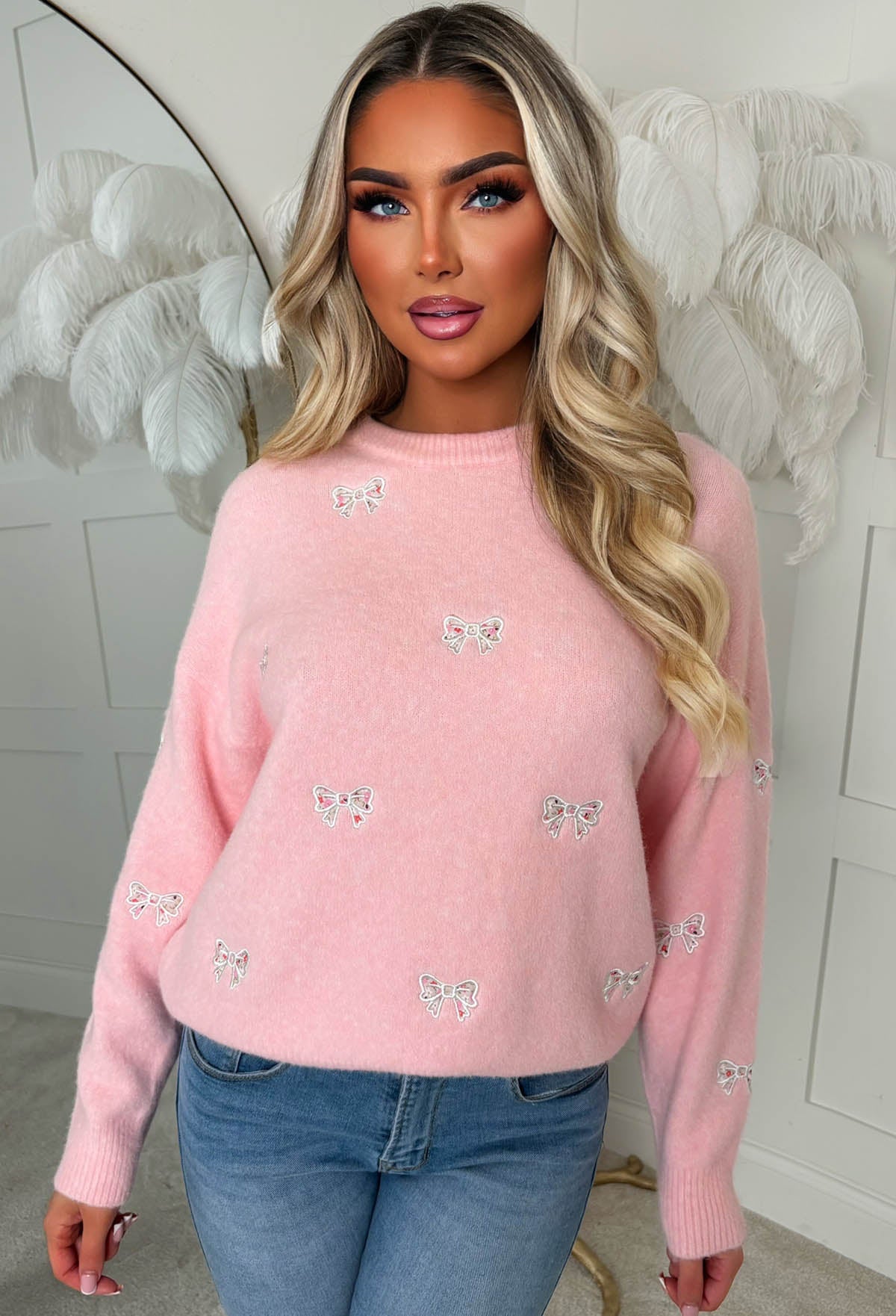 Pretty In Bows Light Pink Bow Crew Neck Jumper