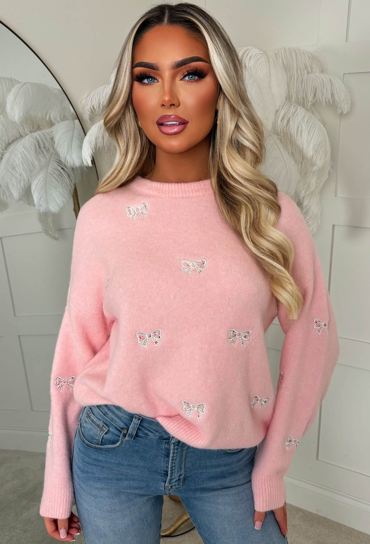 Pretty In Bows Light Pink Bow Crew Neck Jumper