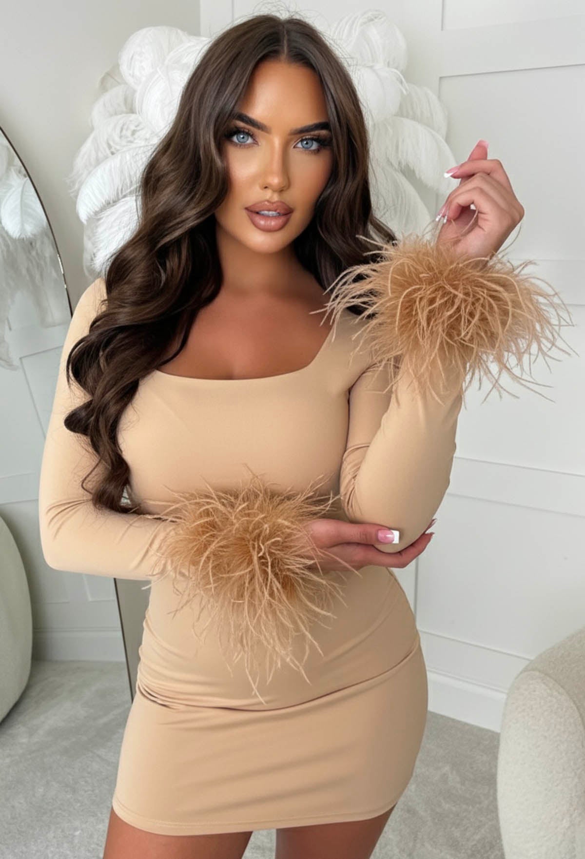 Queen Of Extra Nude Ostrich Feather Cuffs