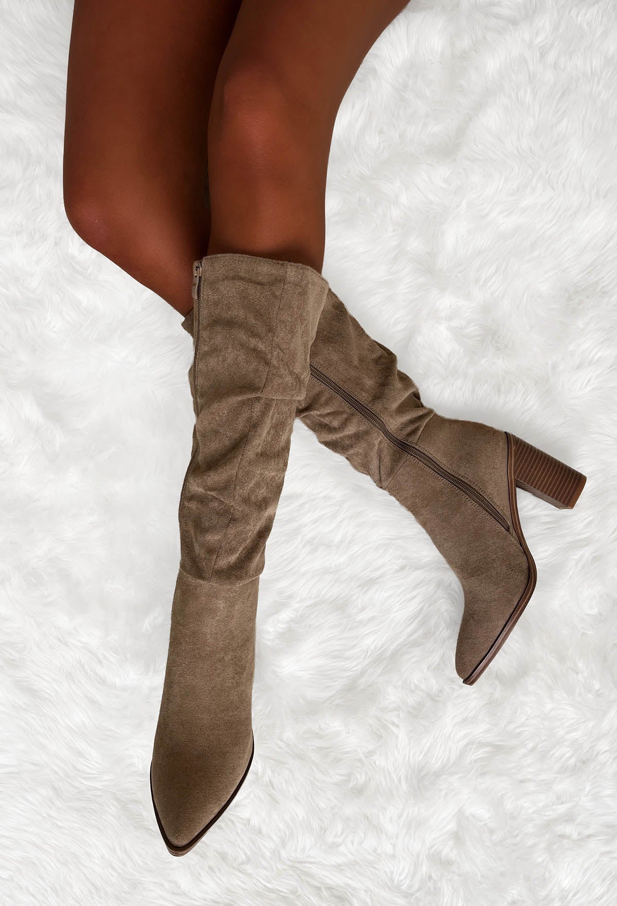 Quick Step Beige Faux Suede Ruched Block Heel Boots