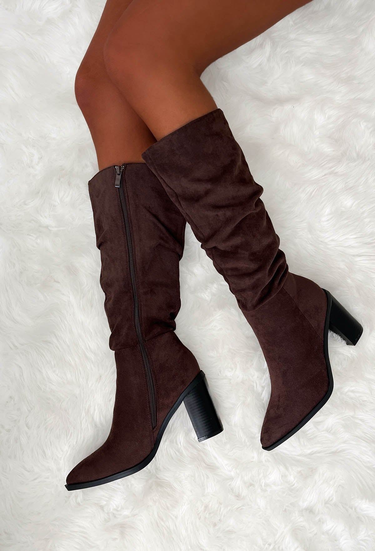 Quick Step Brown Faux Suede Ruched Block Heel Boots