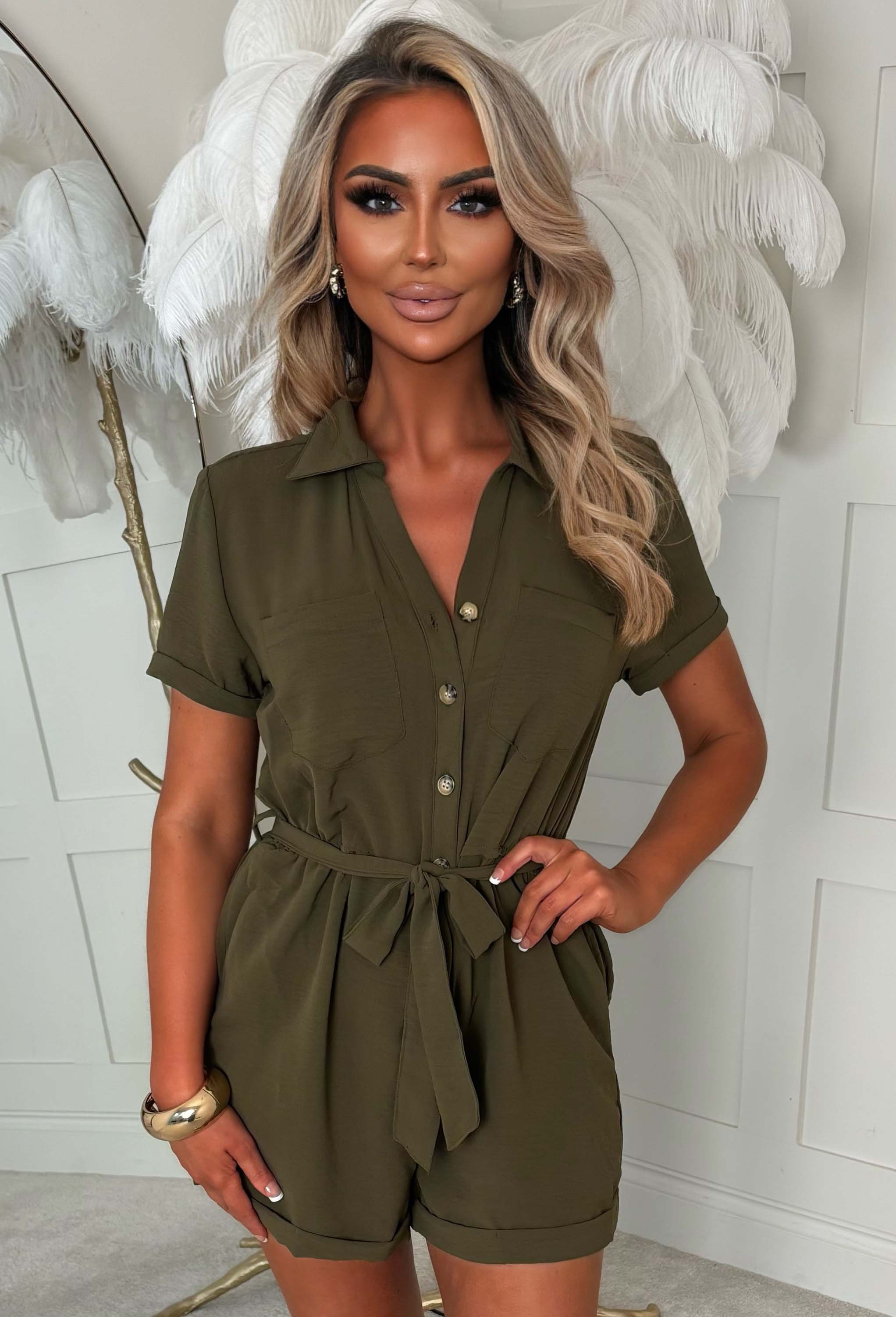 Quiet Radiance Khaki Button Front Playsuit With Waist Tie Detail
