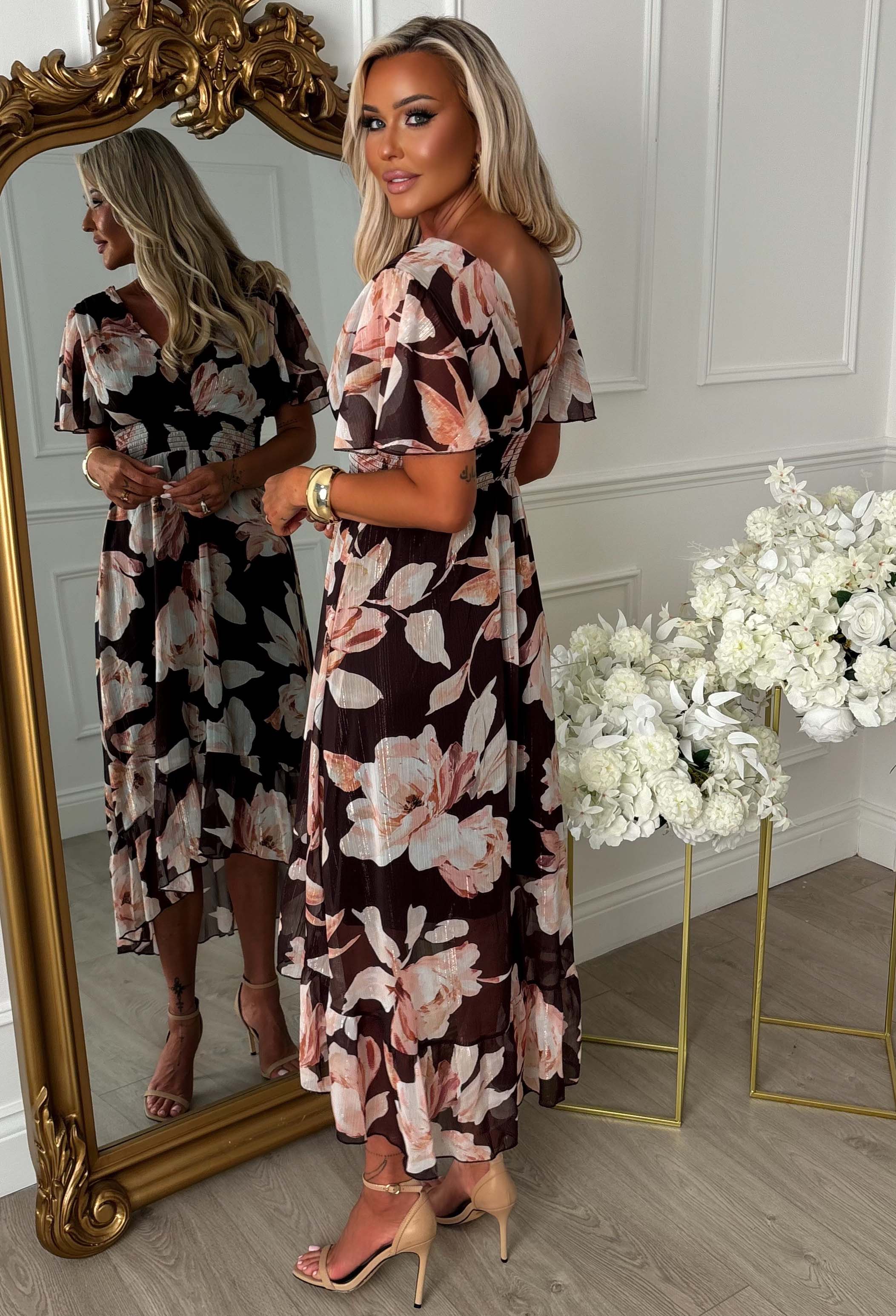 Quiet Shimmer Brown Lurex Thread Print Midi Dress