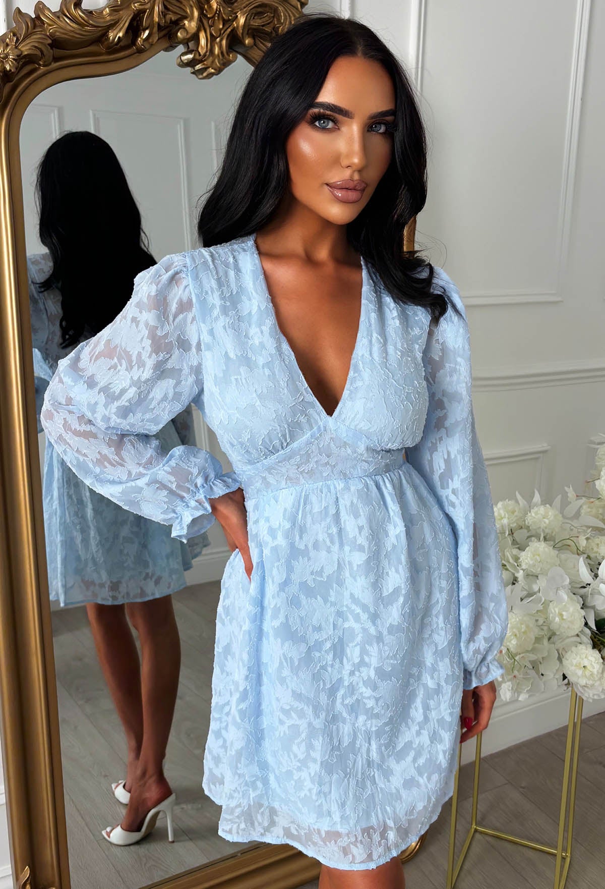 Radiant Drift Blue Long Sleeve Textured Mini Dress