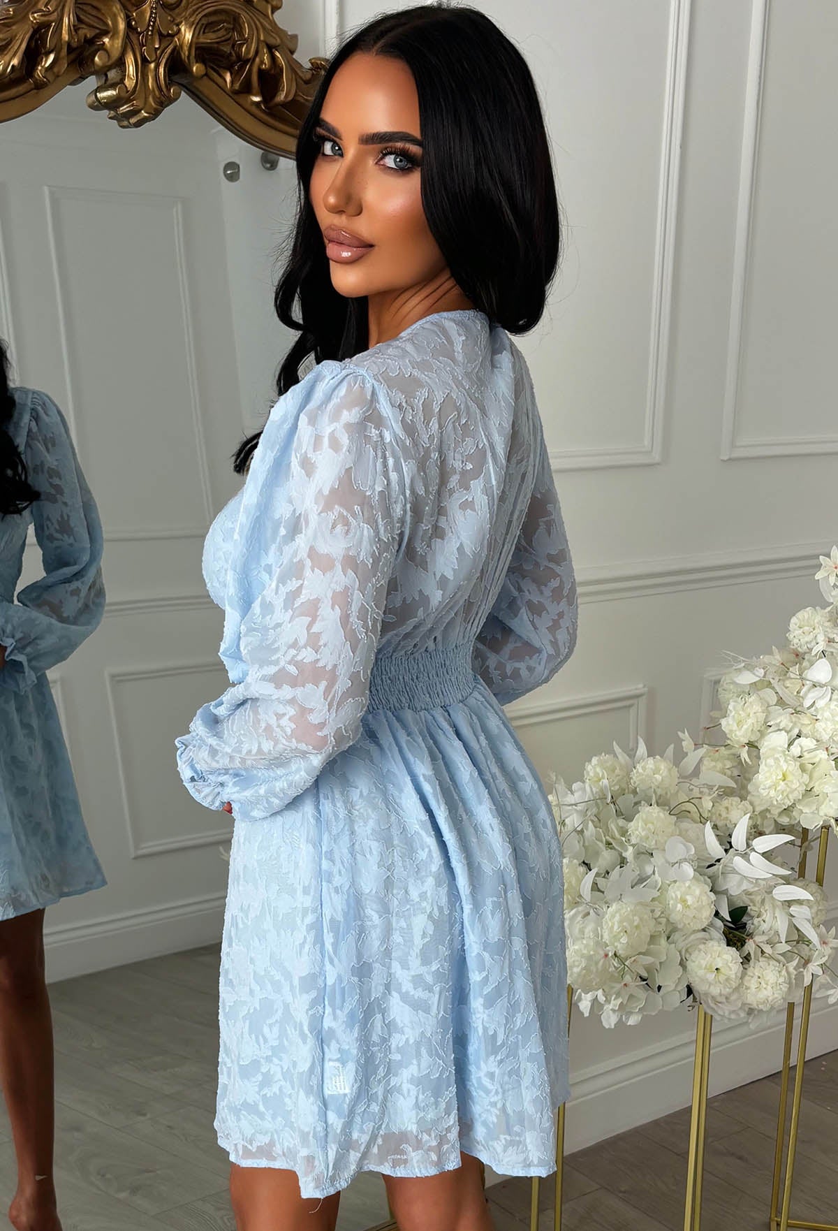 Radiant Drift Blue Long Sleeve Textured Mini Dress