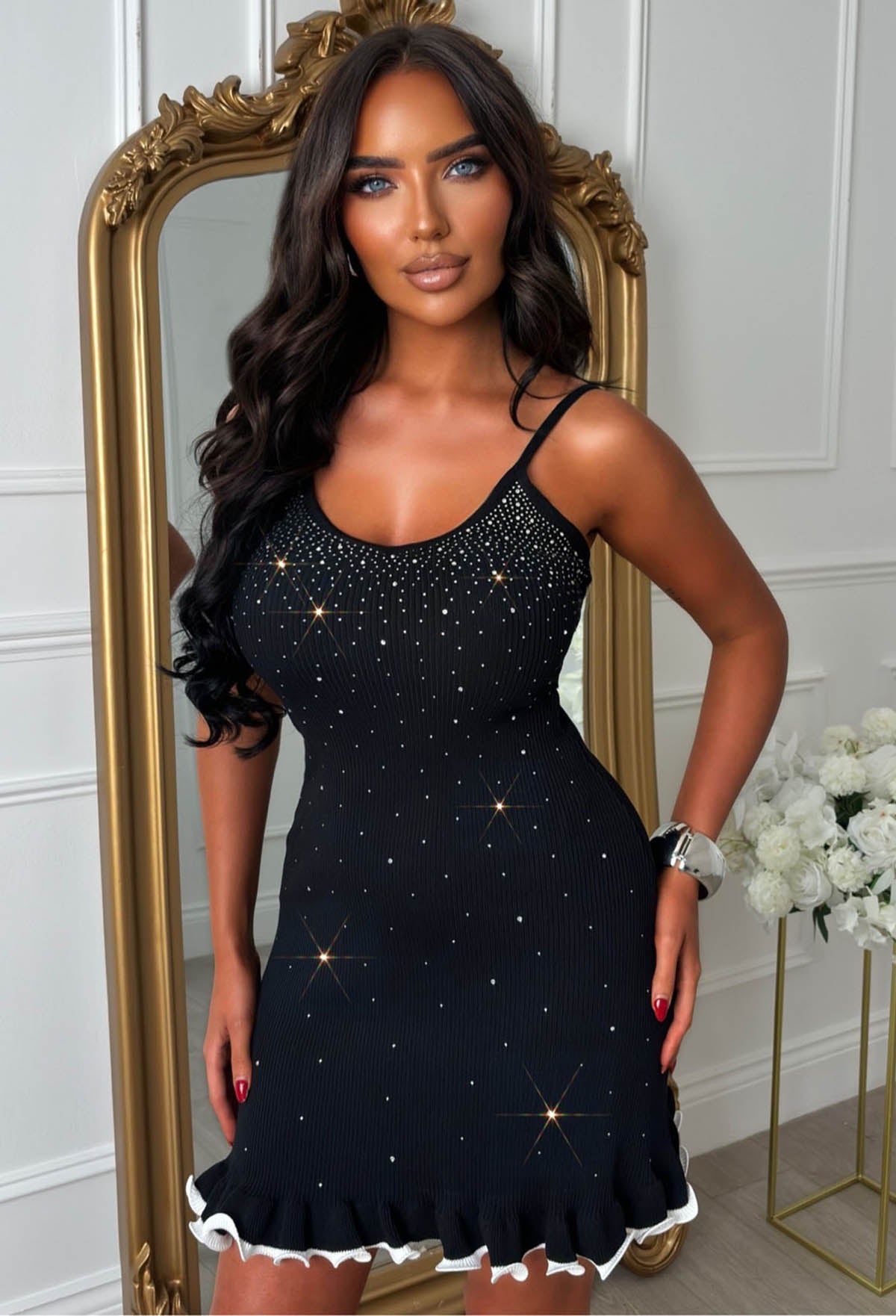 Radiate Love Black Hot Fix Mini Ruffle Dress