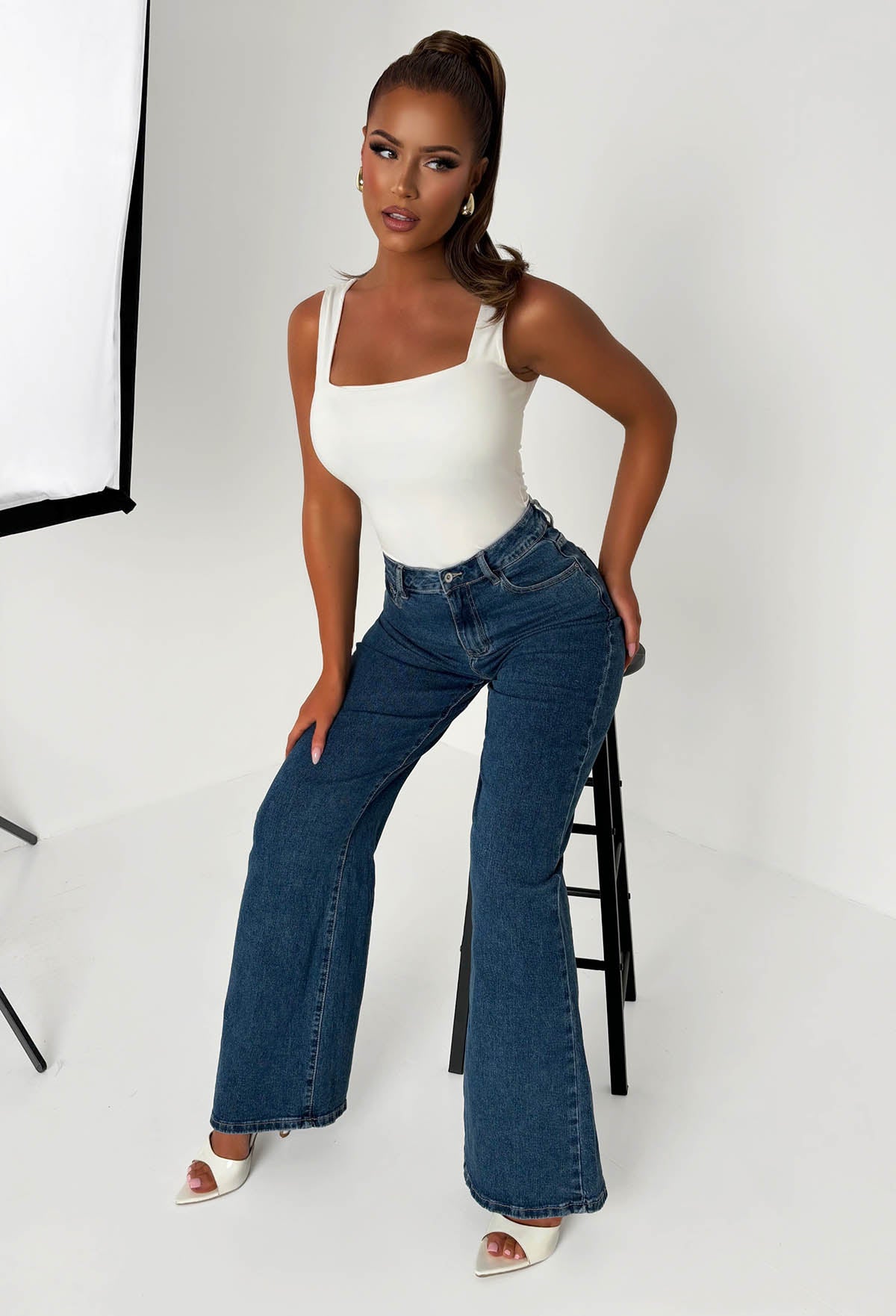 Rae Dark Wash Super Stretchy Flared Wide Leg Jeans
