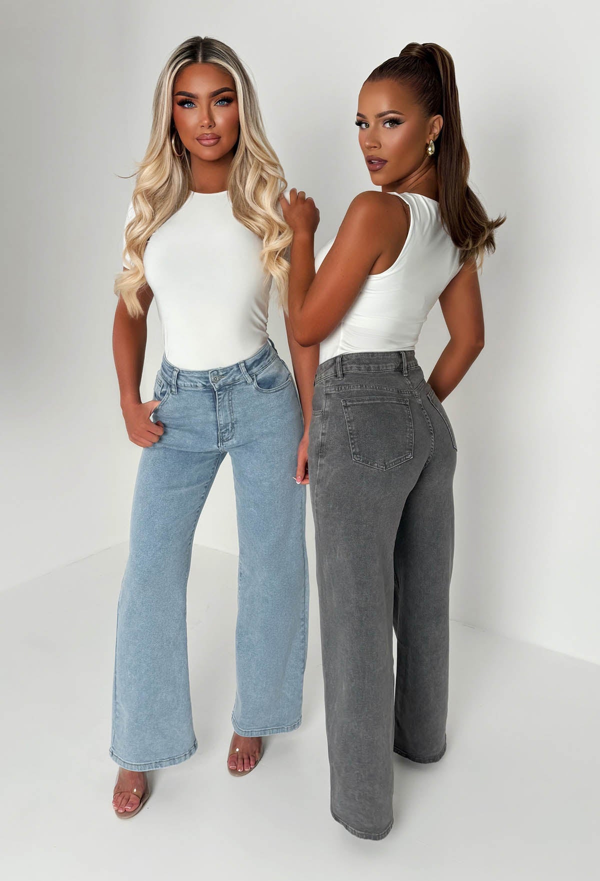 Rae Mid Wash Super-Stretchy Flared Wide Leg Jeans