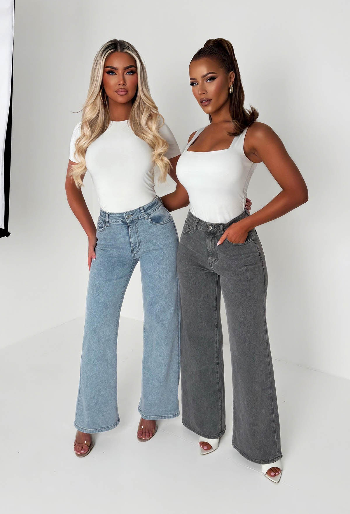 Rae Mid Wash Super-Stretchy Flared Wide Leg Jeans