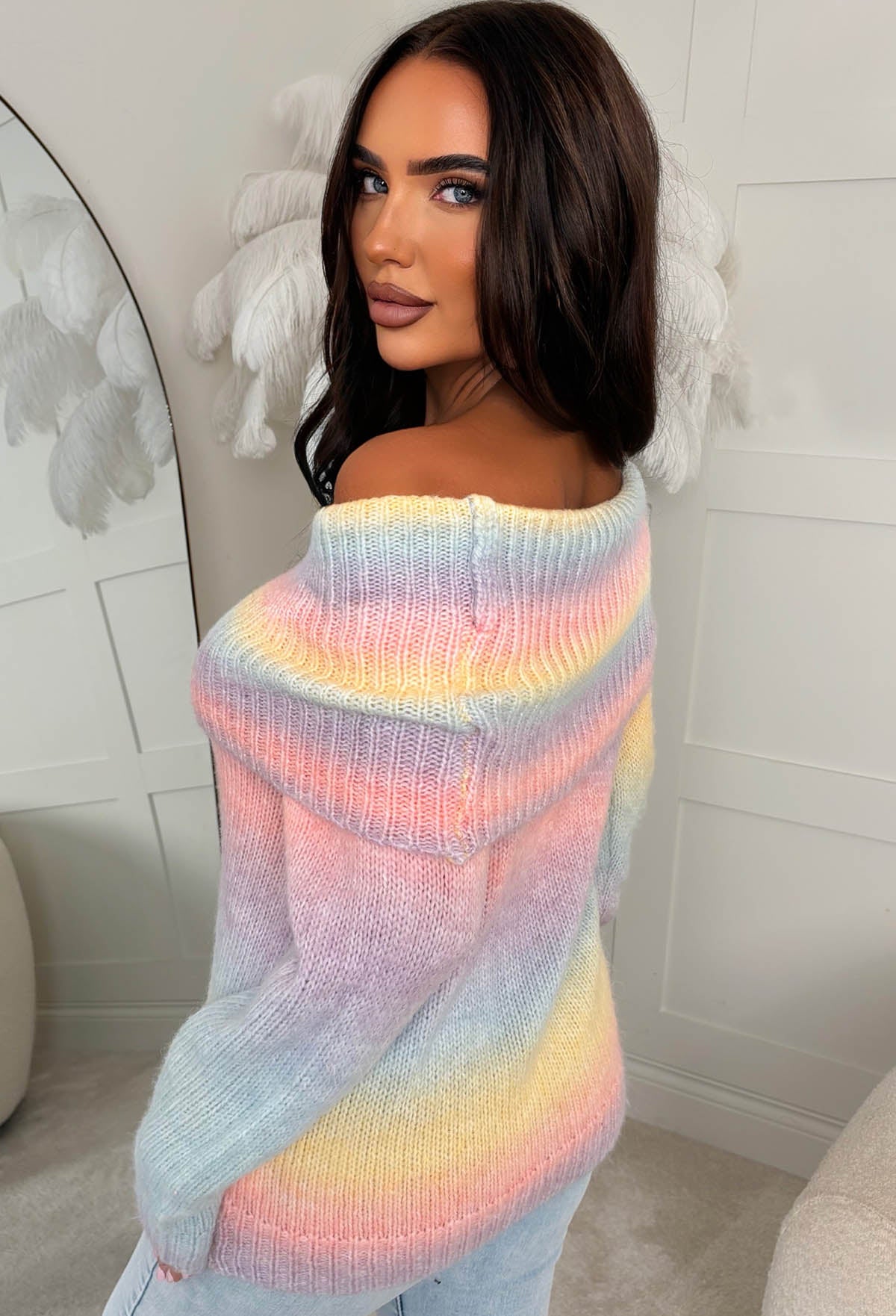 Rainbow Couture Multi Ombre Bardot Foldover Detail Jumper