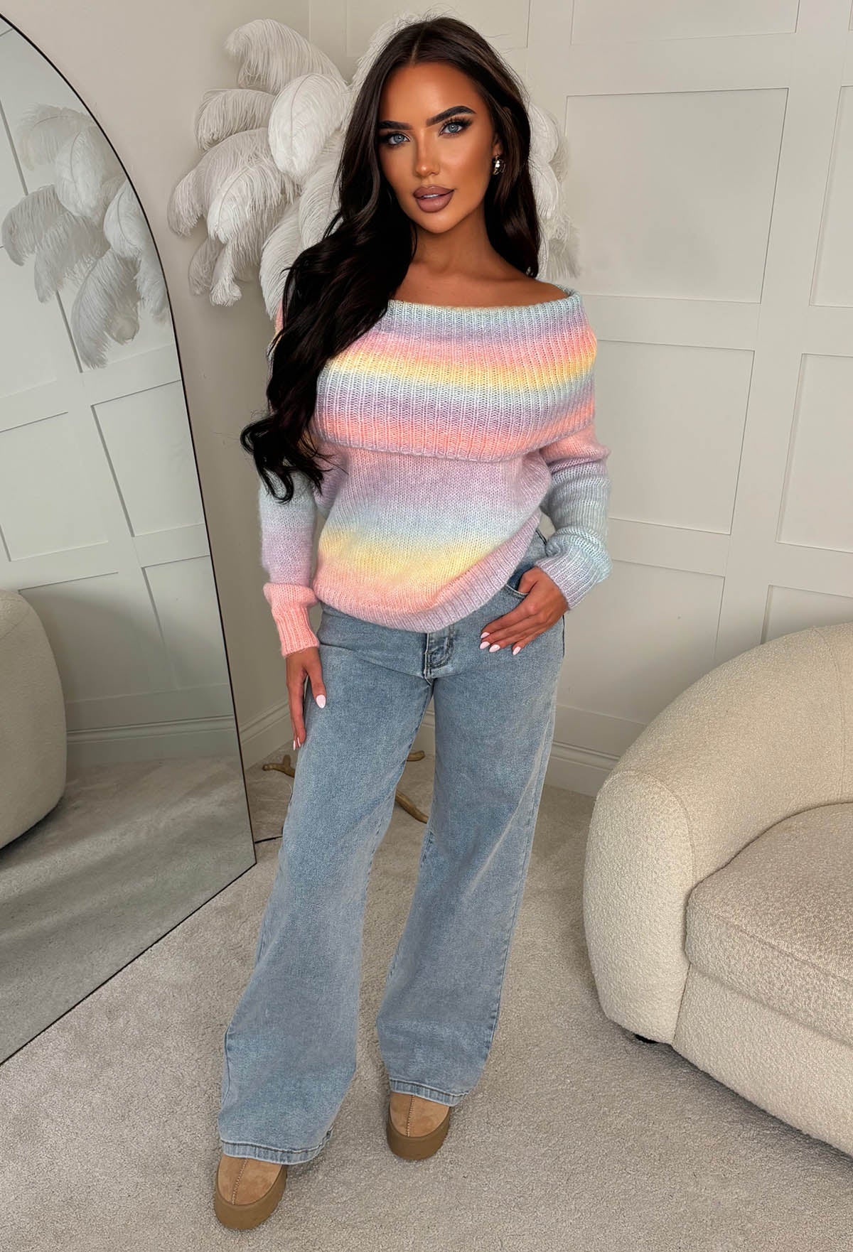 Rainbow Couture Multi Ombre Bardot Foldover Detail Jumper