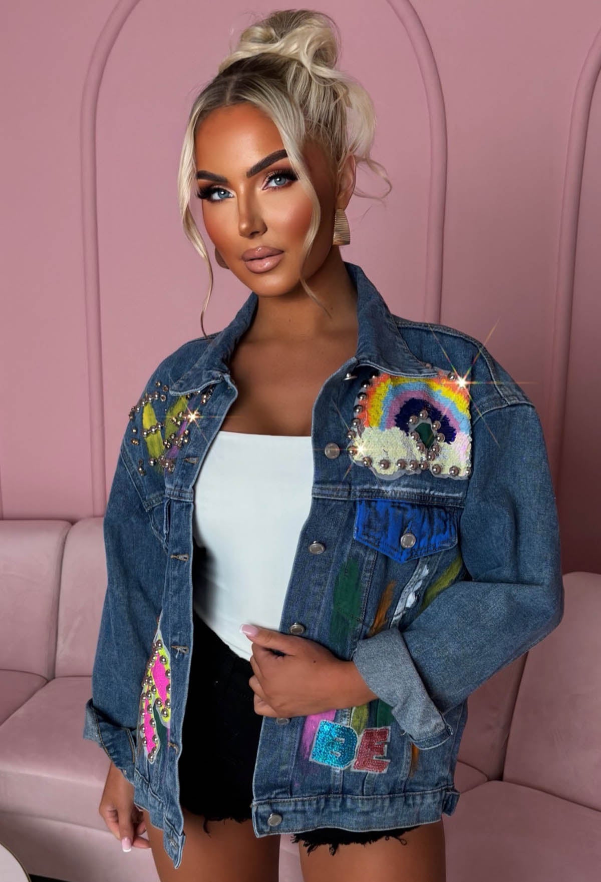 Rainbow's End Mid Wash Graffiti Oversized Denim Jacket