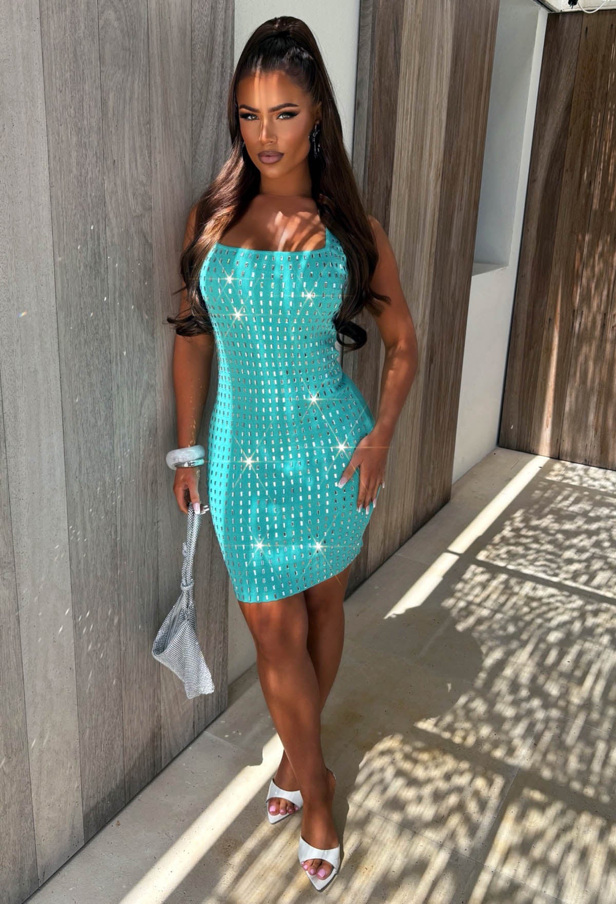 Reflect Love Green Mirror Knitted Front Split Dress