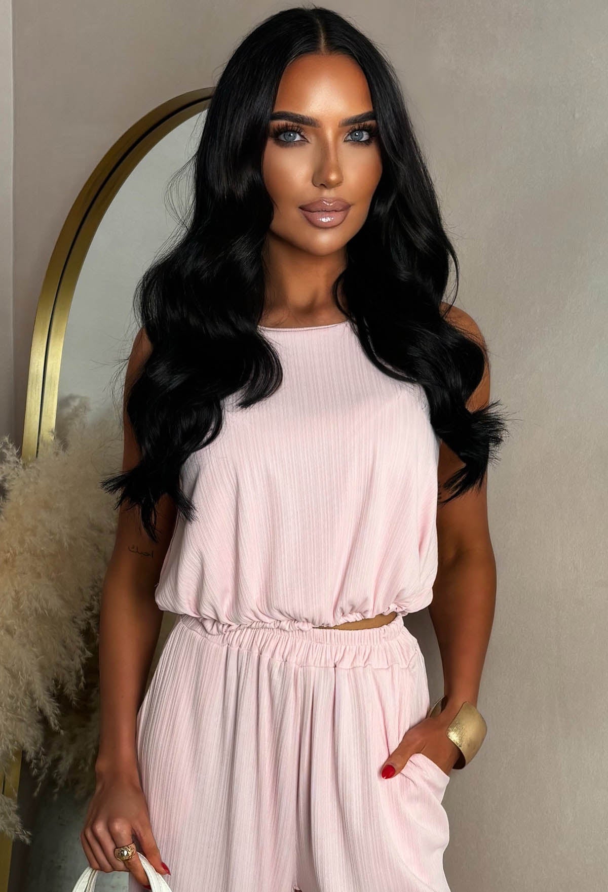 Regine Light Pink Plisse Top & Trouser Co-Ord Set
