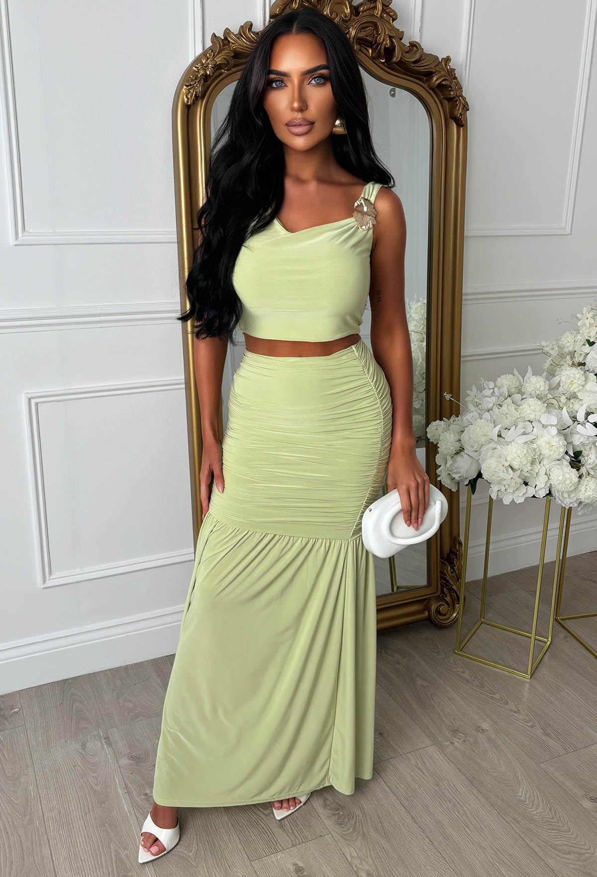 Reputation Of Glam Pistachio Green Floral Buckle Off Shoulder Top And Maxi Skirt Co-Ord Set