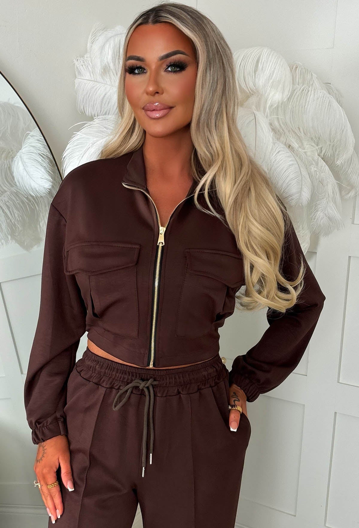 Rest Mode Chocolate Brown Zip Up Pocket Lounge Co-Ord Set