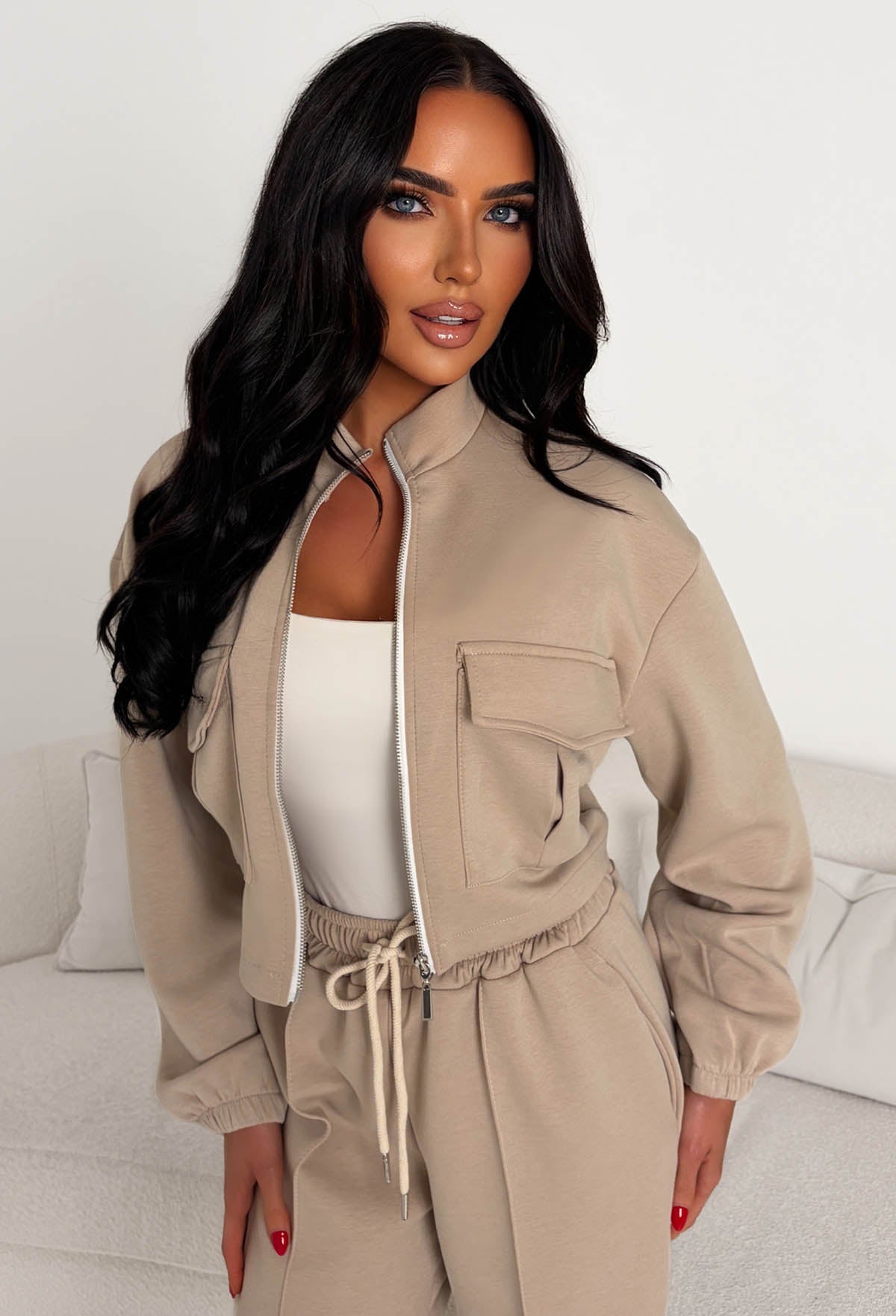 Rest Mode Cream Zip Up Pocket Lounge Co-Ord Set