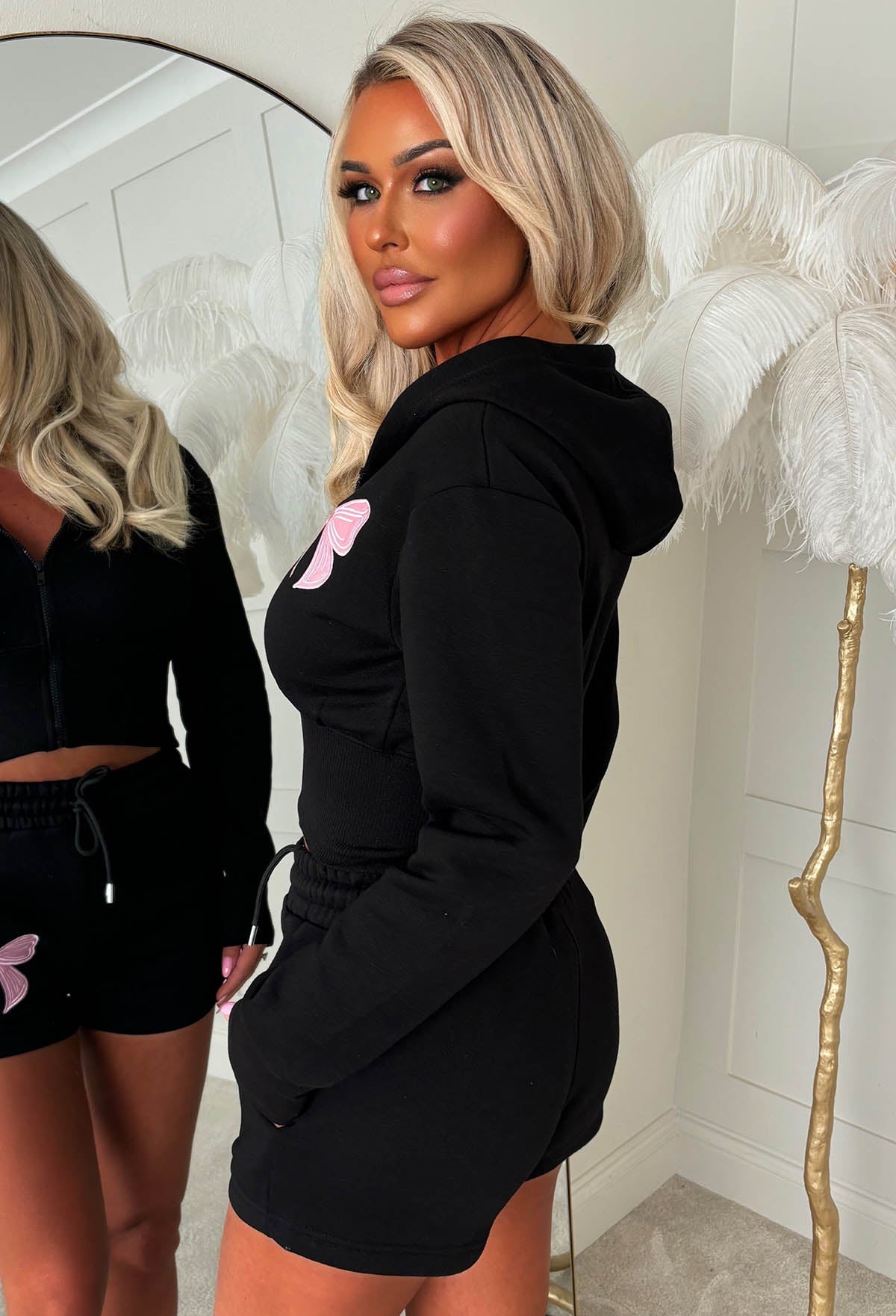 Black Bow Cropped Hoodie And Shorts Loungewear Set Close Up Back View