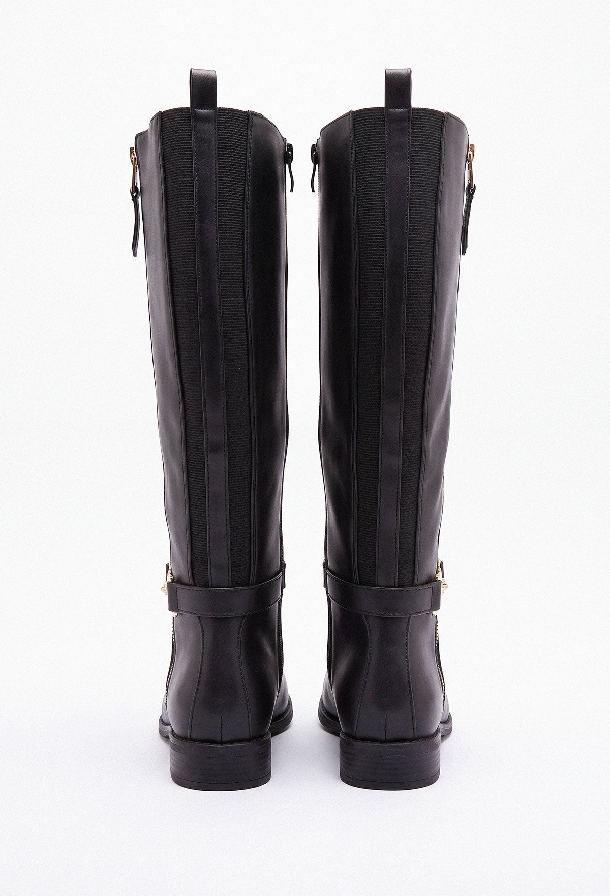 Black faux leather riding boot with a gold zip fastening and gold trim detail at the ankle.