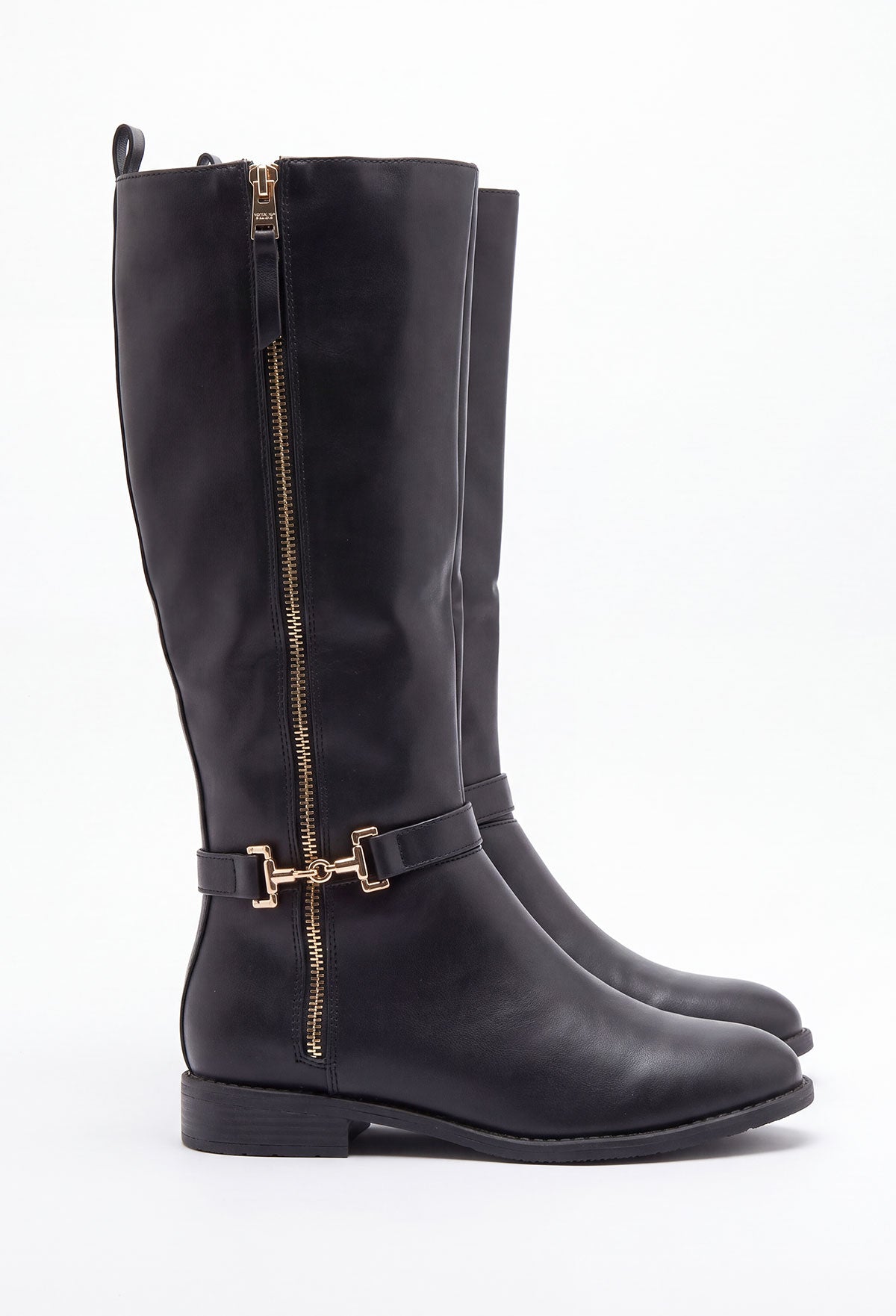 Black faux leather riding boot with a gold zip fastening and gold trim detail at the ankle.