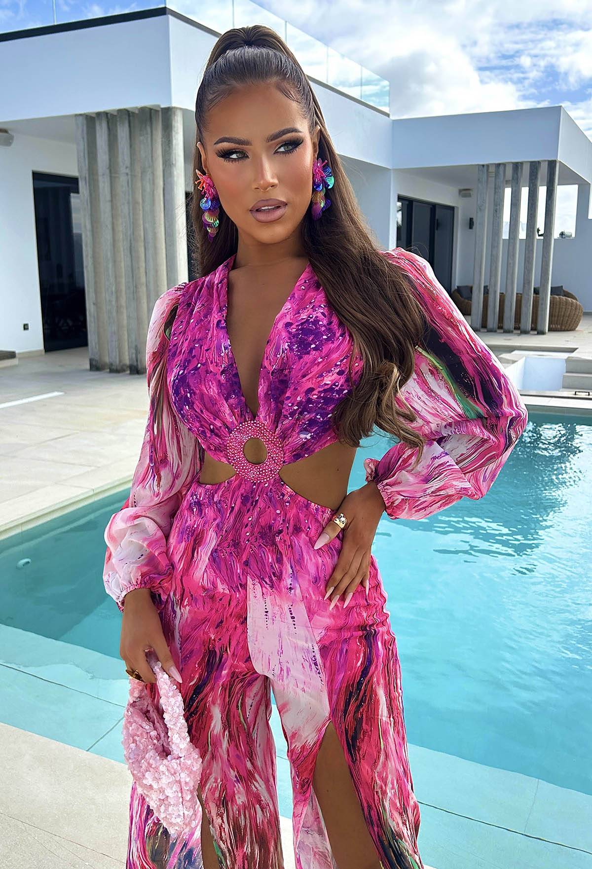 Riviera Nights Pink Ring Front Cut Out Jewel Jumpsuit