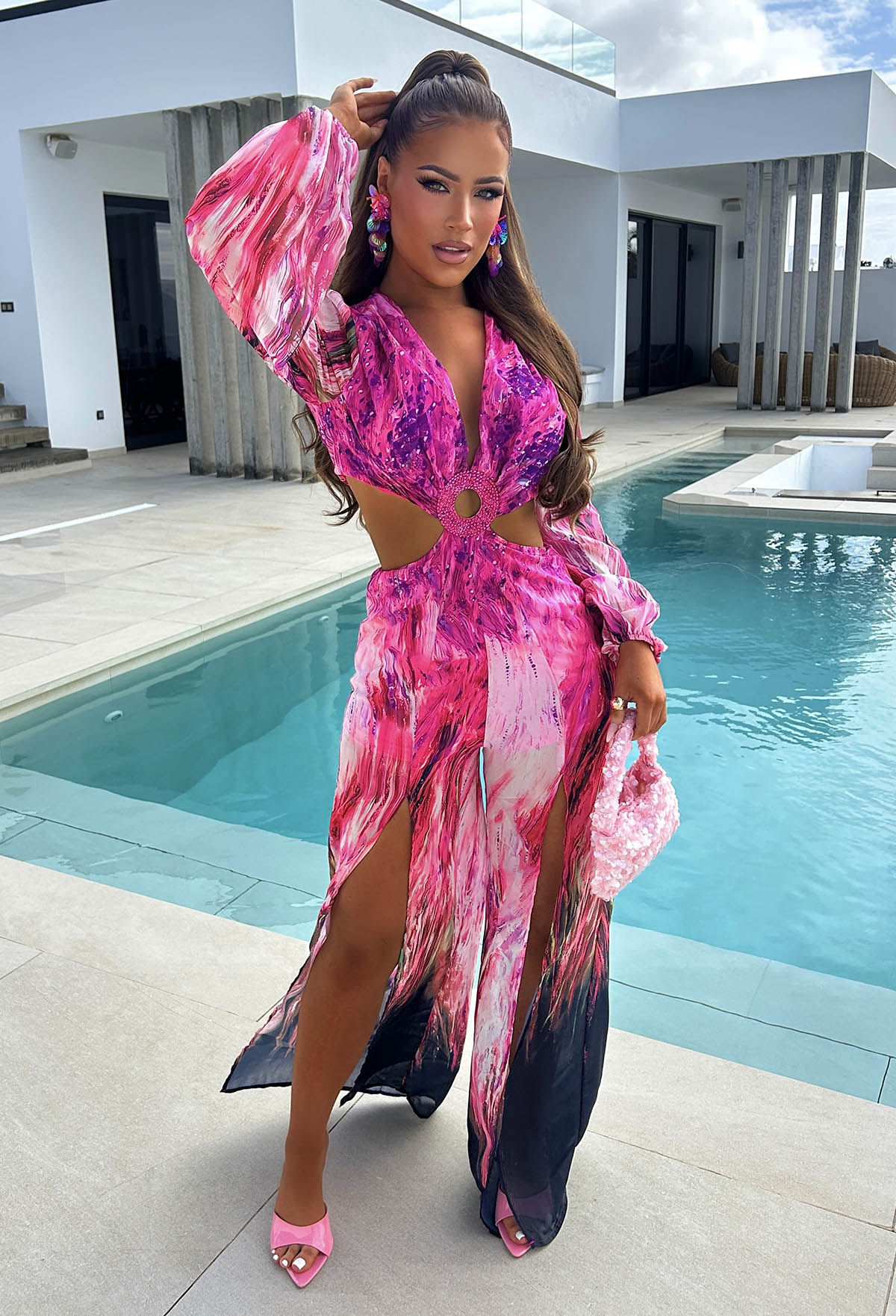 Riviera Nights Pink Ring Front Cut Out Jewel Jumpsuit