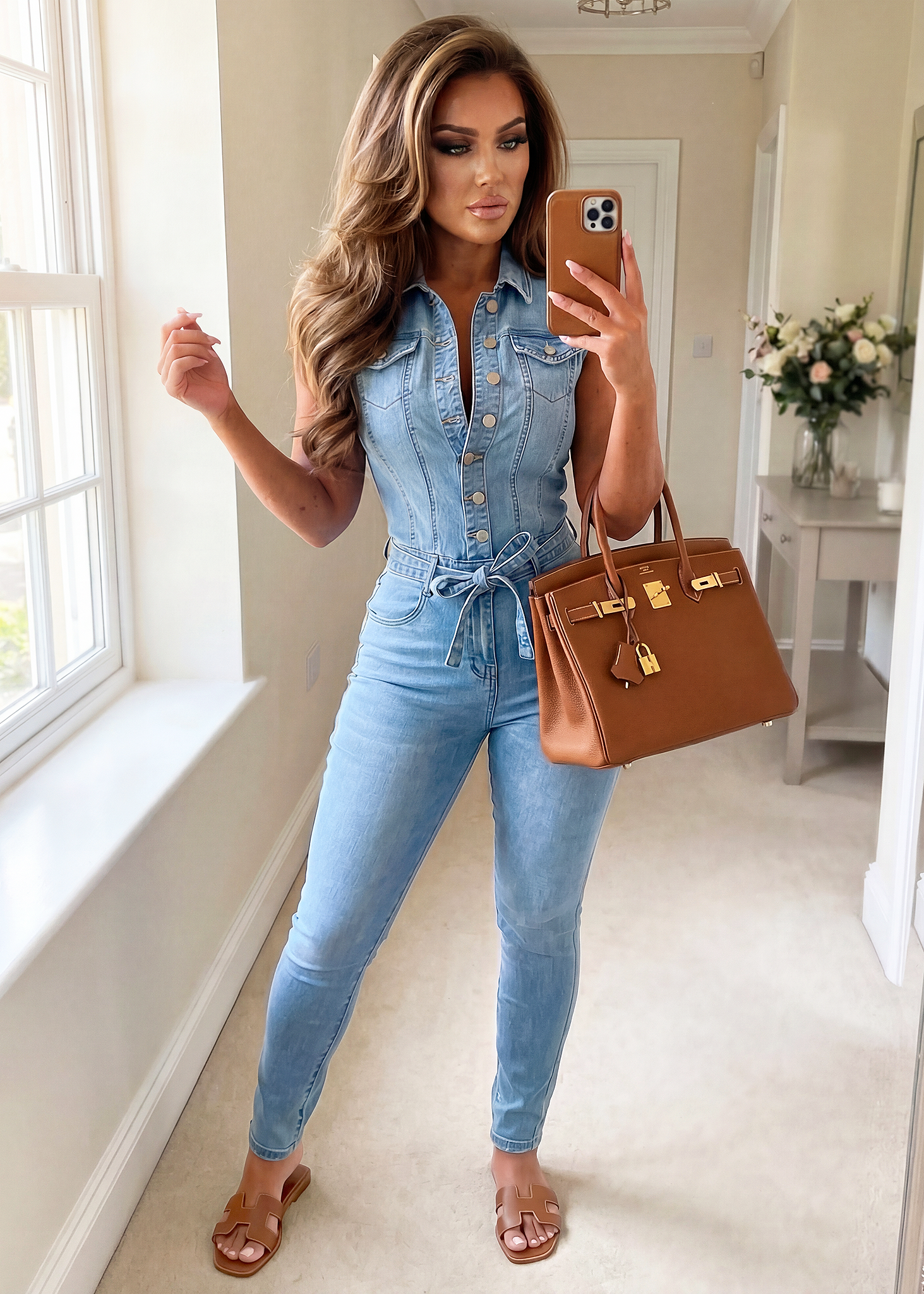 Rodeo Drive Chic Light Wash Stretch Sleeveless Denim Jumpsuit