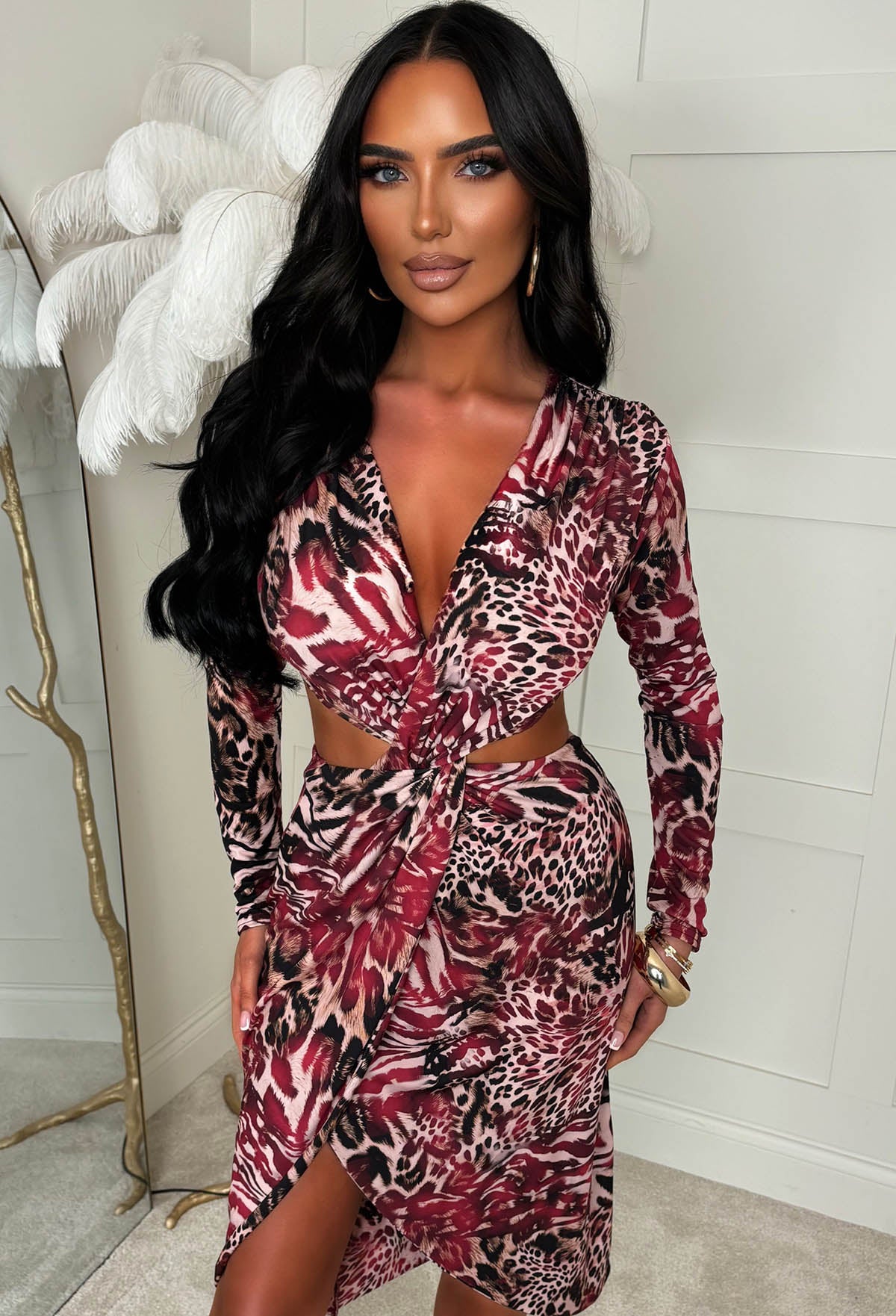 Rogue Feline Burgundy Twist Wrap Front Long Sleeve Dress