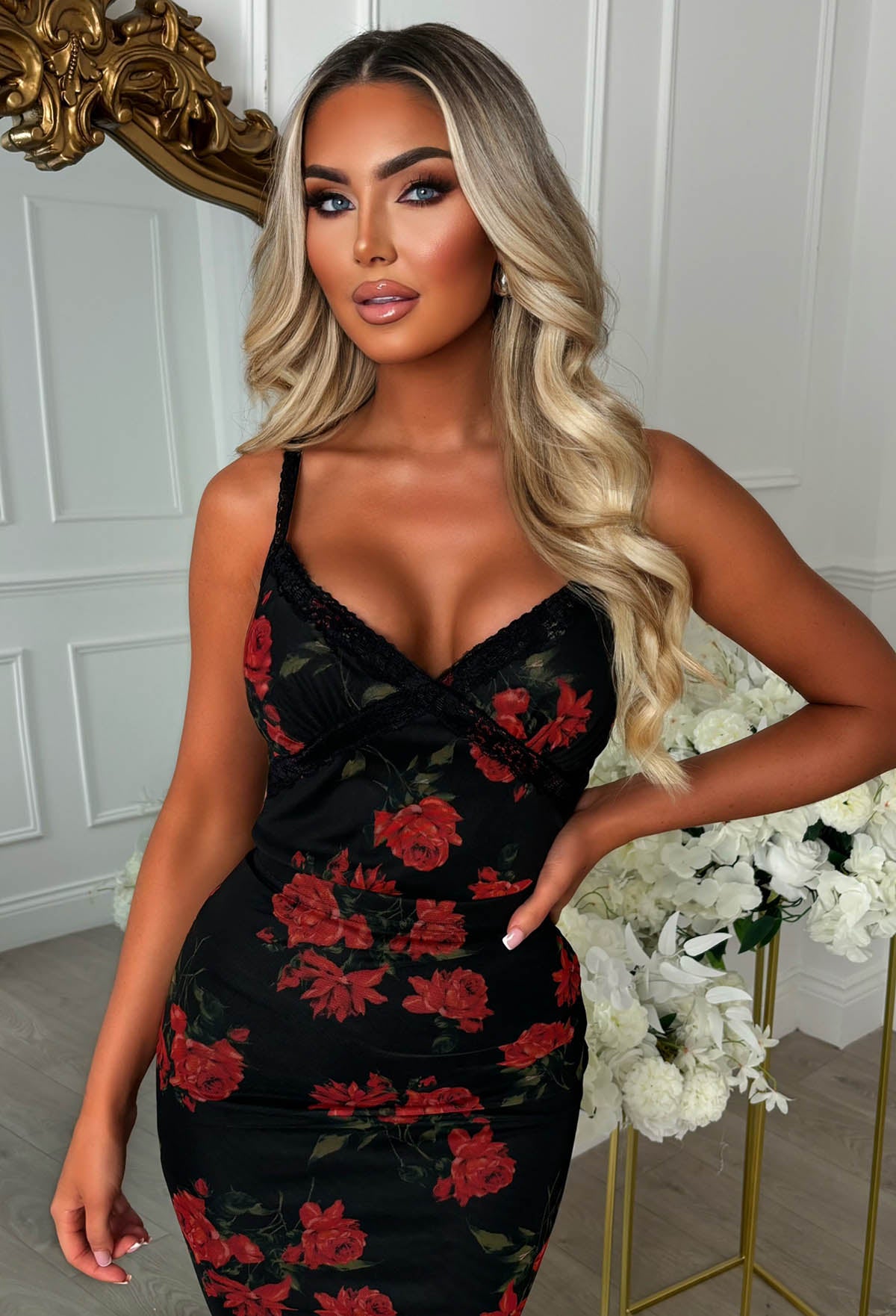 Romance In The Garden Black Lace Detail Mesh Top & Midi Skirt Co-Ord Set