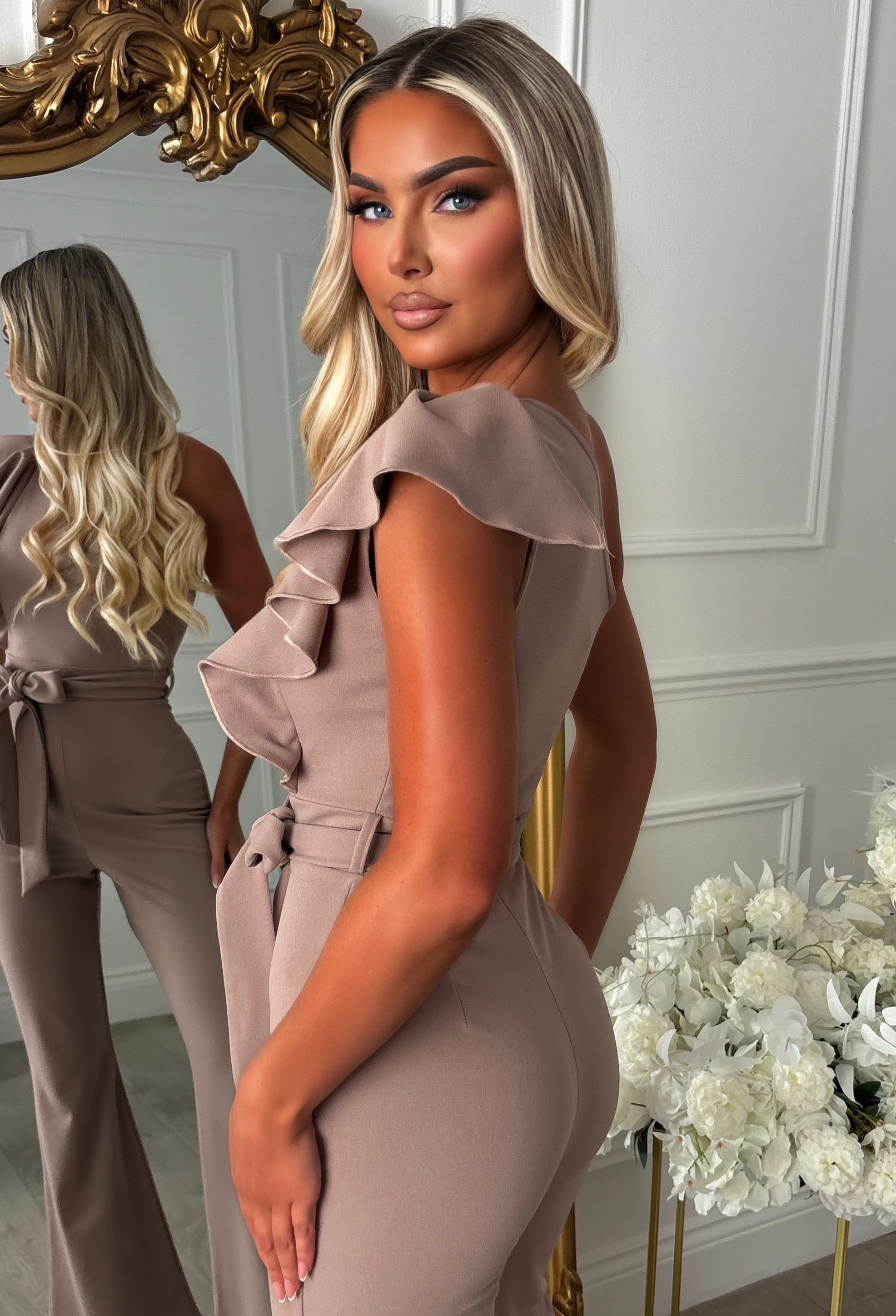 Taupe One Shoulder Frill Front  Shoulder Jumpsuit Close Up Detail Side Shot