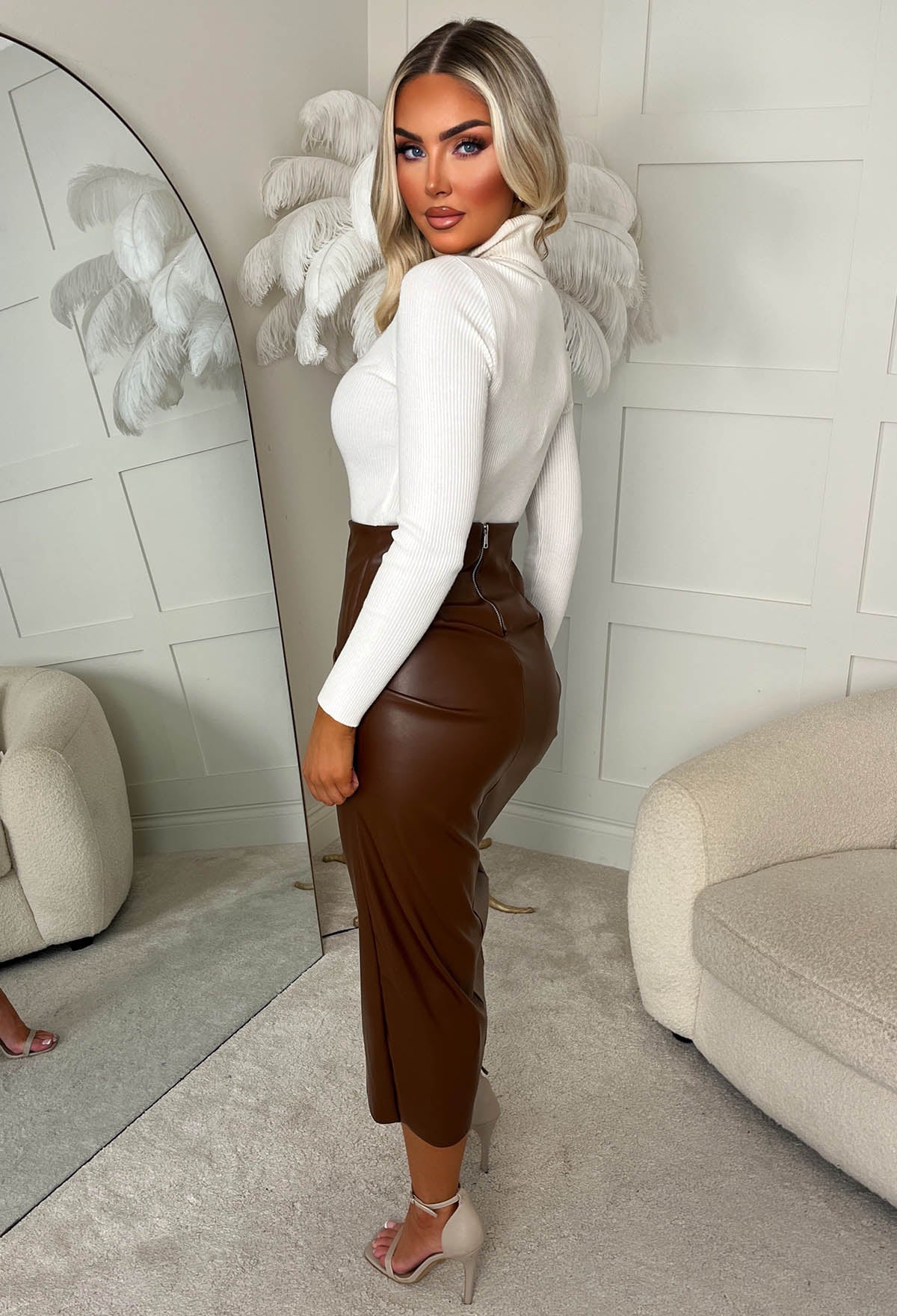 Ruched Romantic Chocolate Brown Ruched Detail Faux Leather Midi Skirt