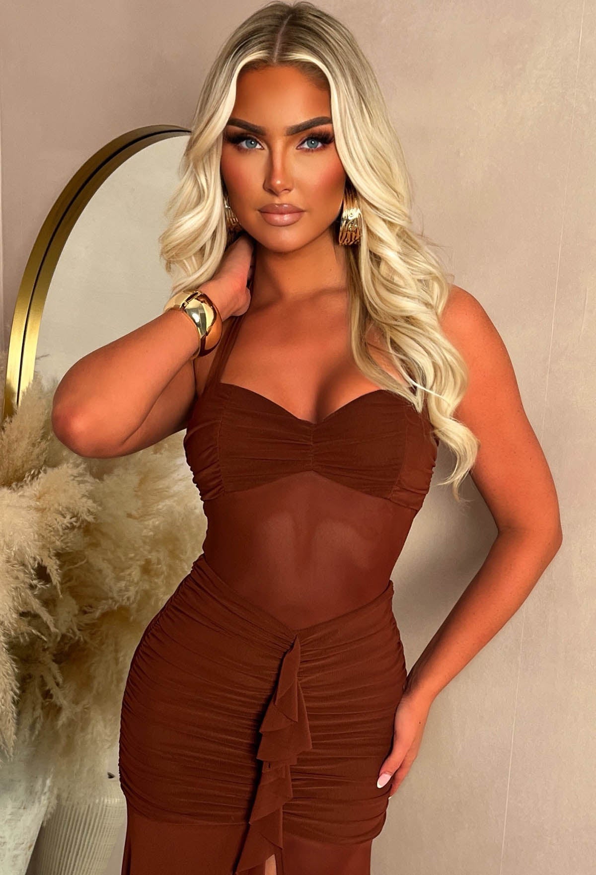 Santorini Seduction Brown Gathered Front Halter Maxi Dress