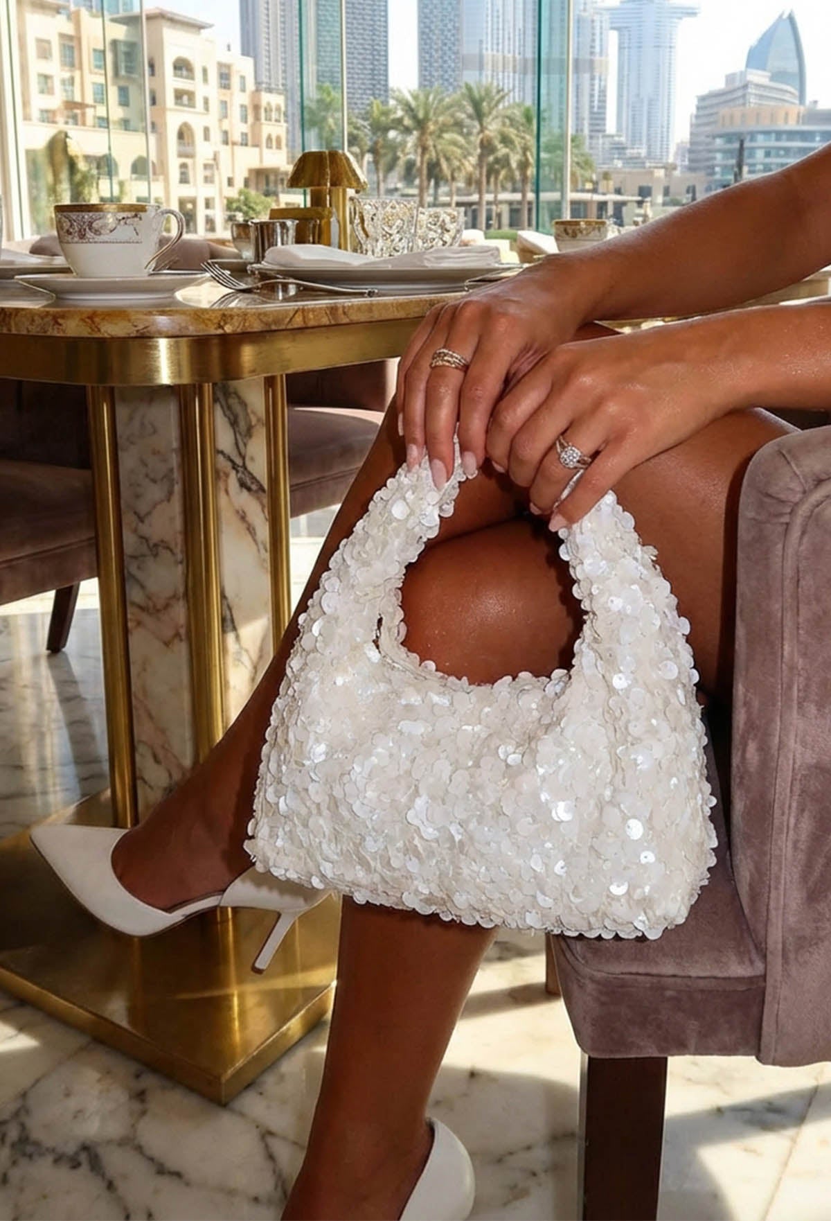 Santorini Shimmer White Sequin Handbag