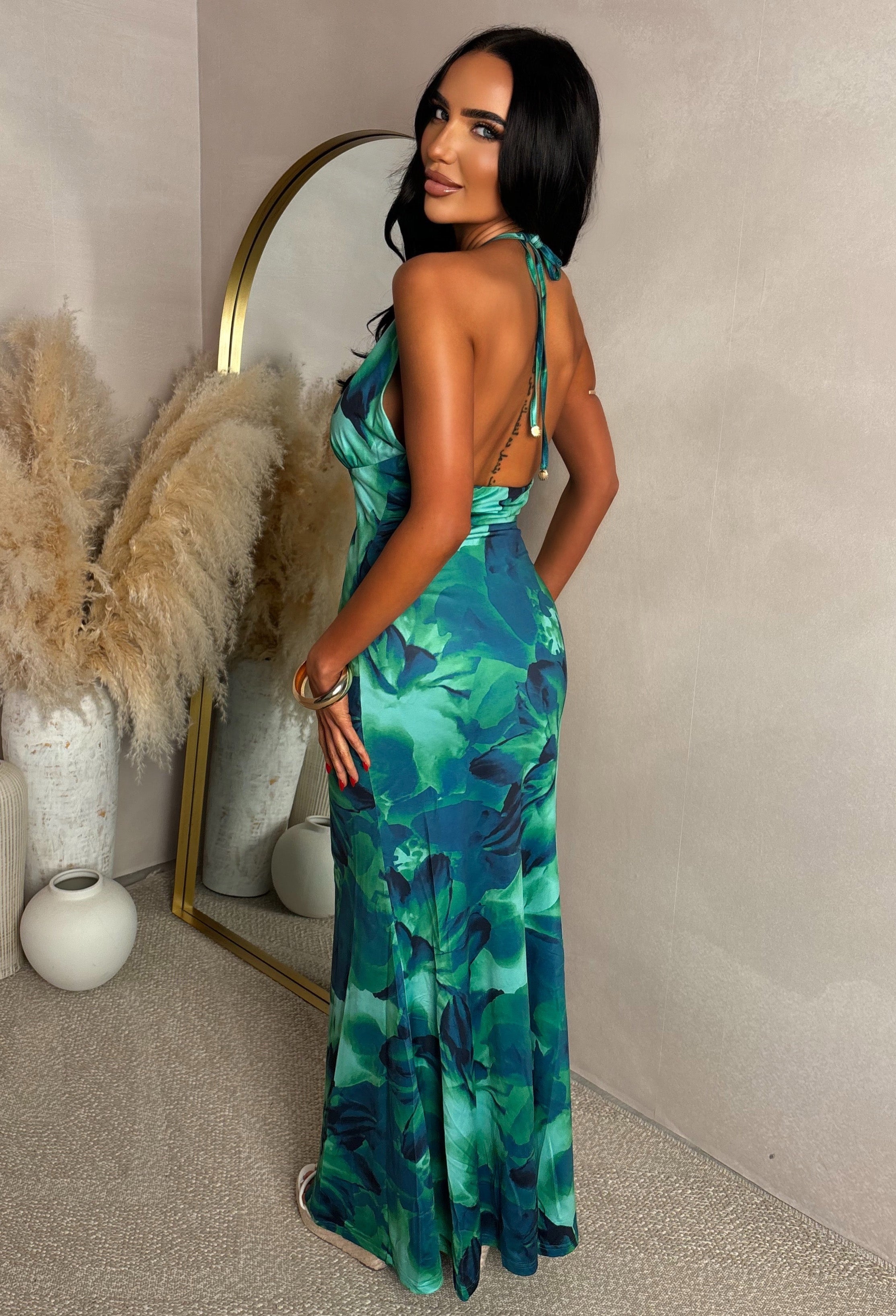 Sapphire Nights Green Cut Out Print Maxi Dress