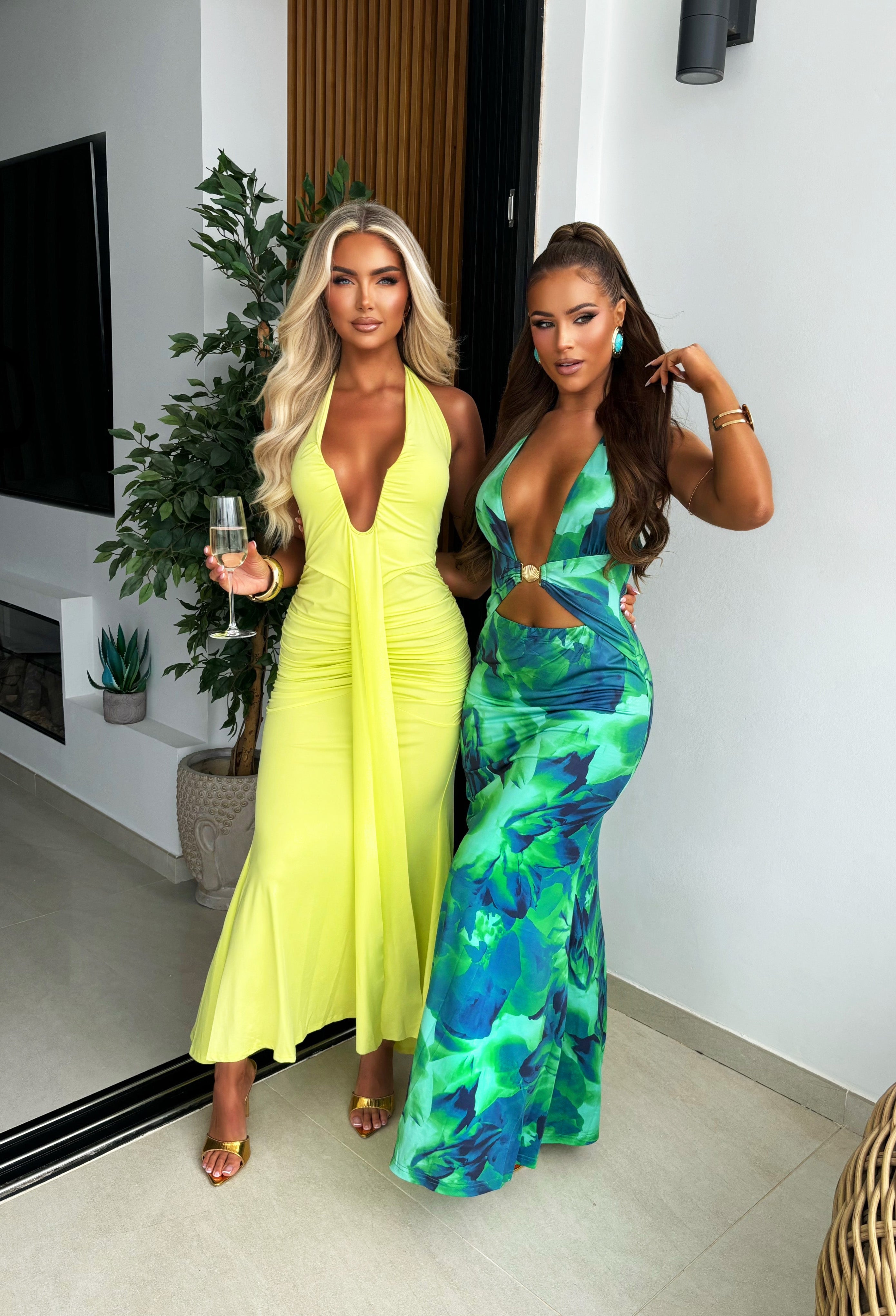 Sapphire Nights Green Cut Out Print Maxi Dress