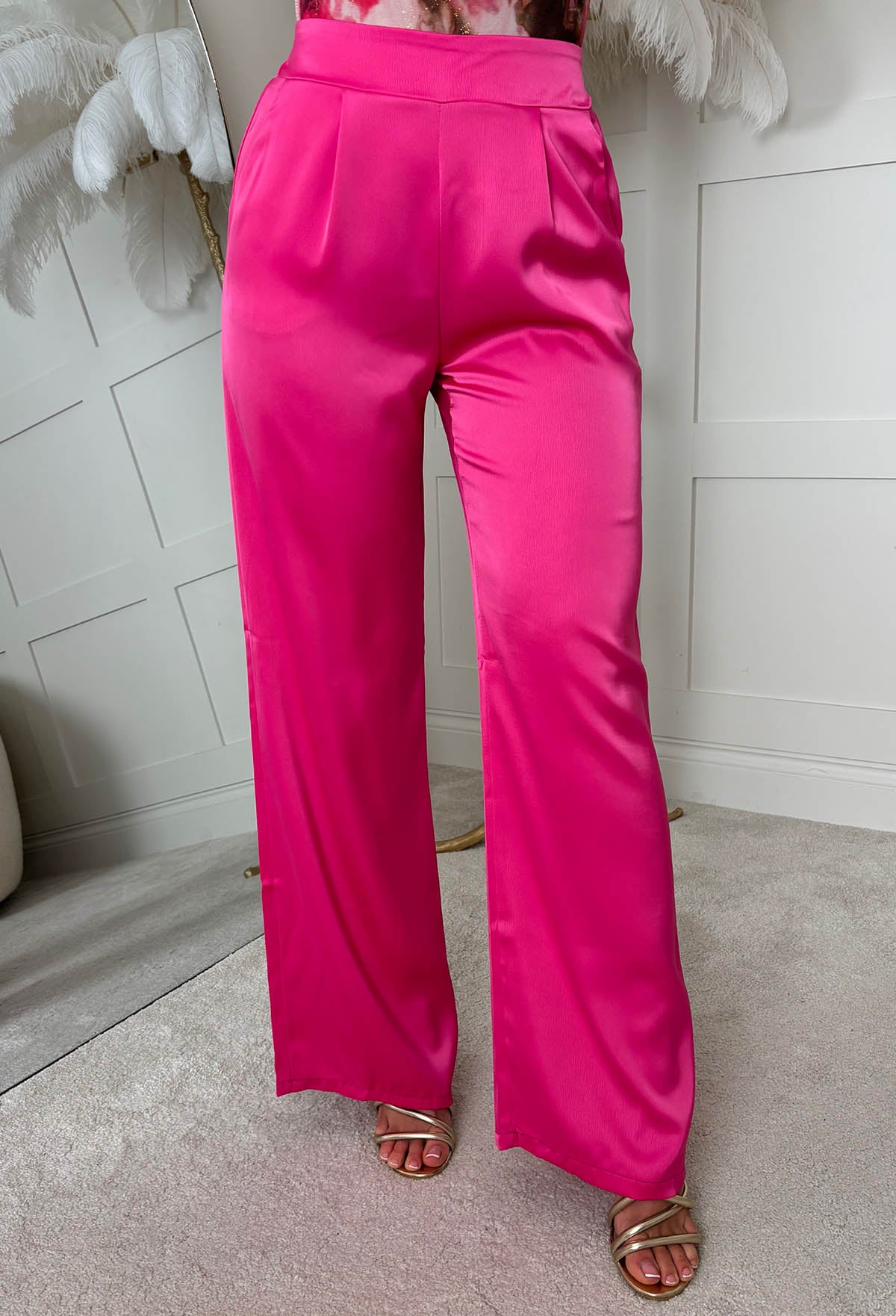 Satin Days Hot Pink Satin Elasticated Wide Leg Trousers