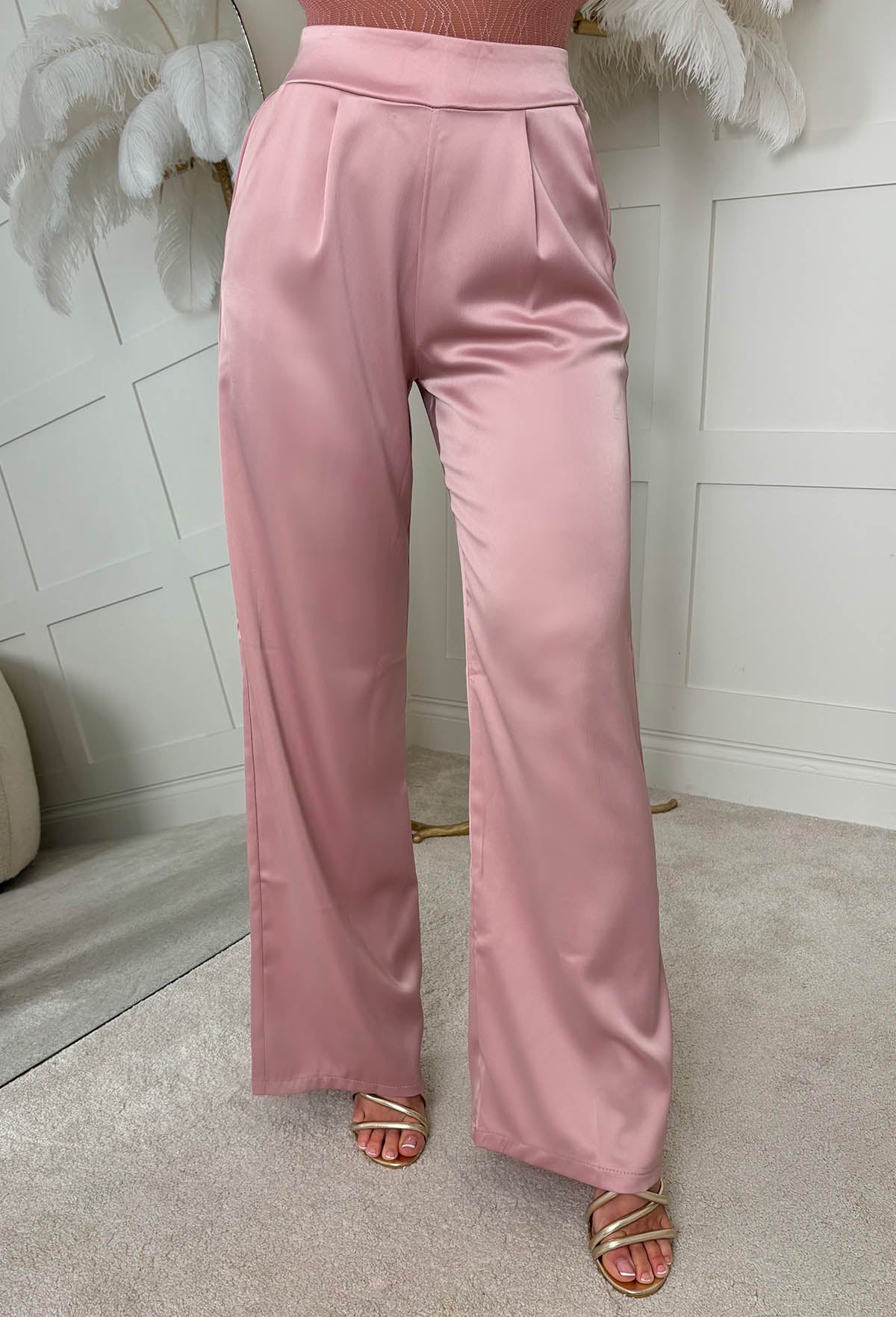 Satin Days Light Pink Satin Elasticated Wide Leg Trousers