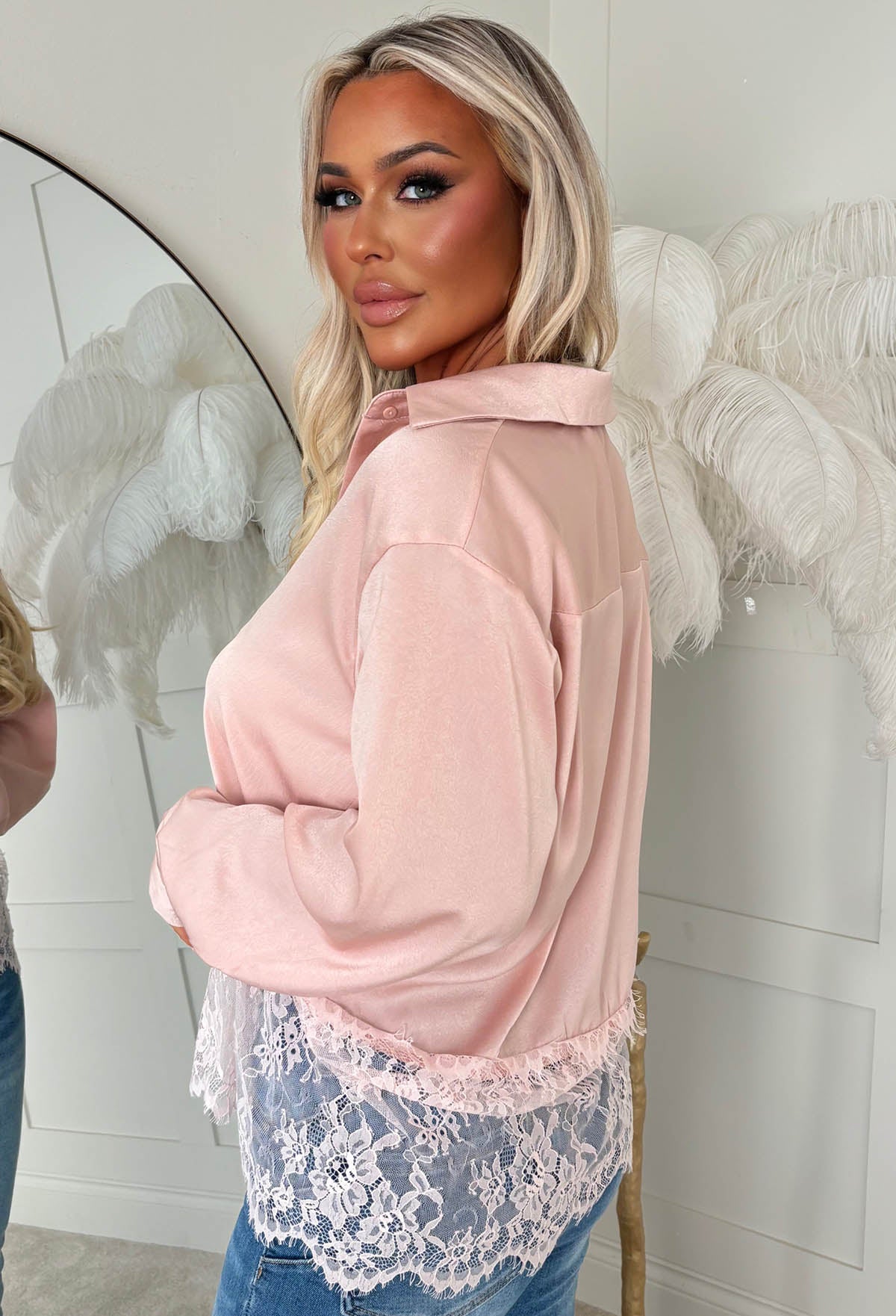 Satin Romance Light Pink Satin Lace Shirt