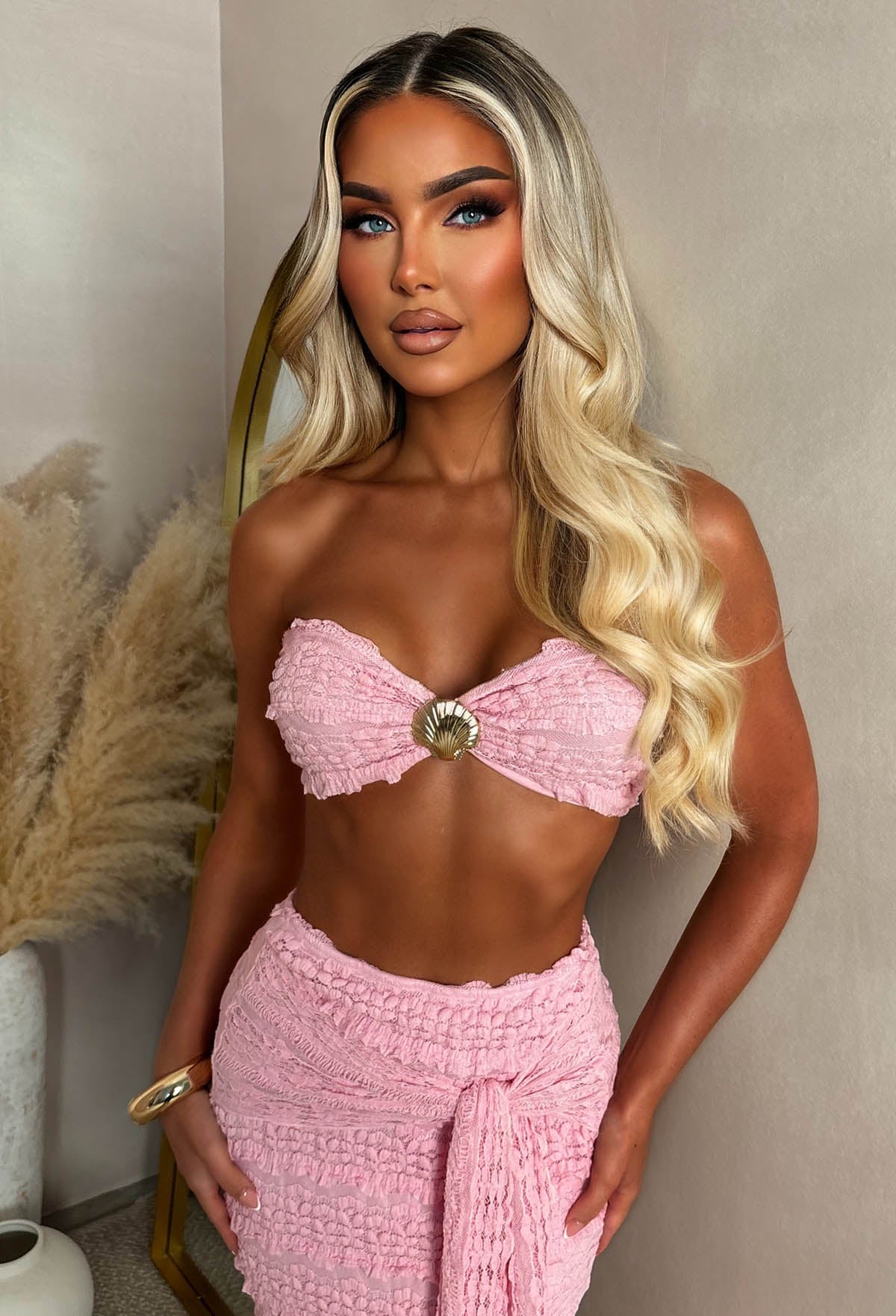Sea Me Tonight Light Pink Seashell Detail Textured Co-Ord Set