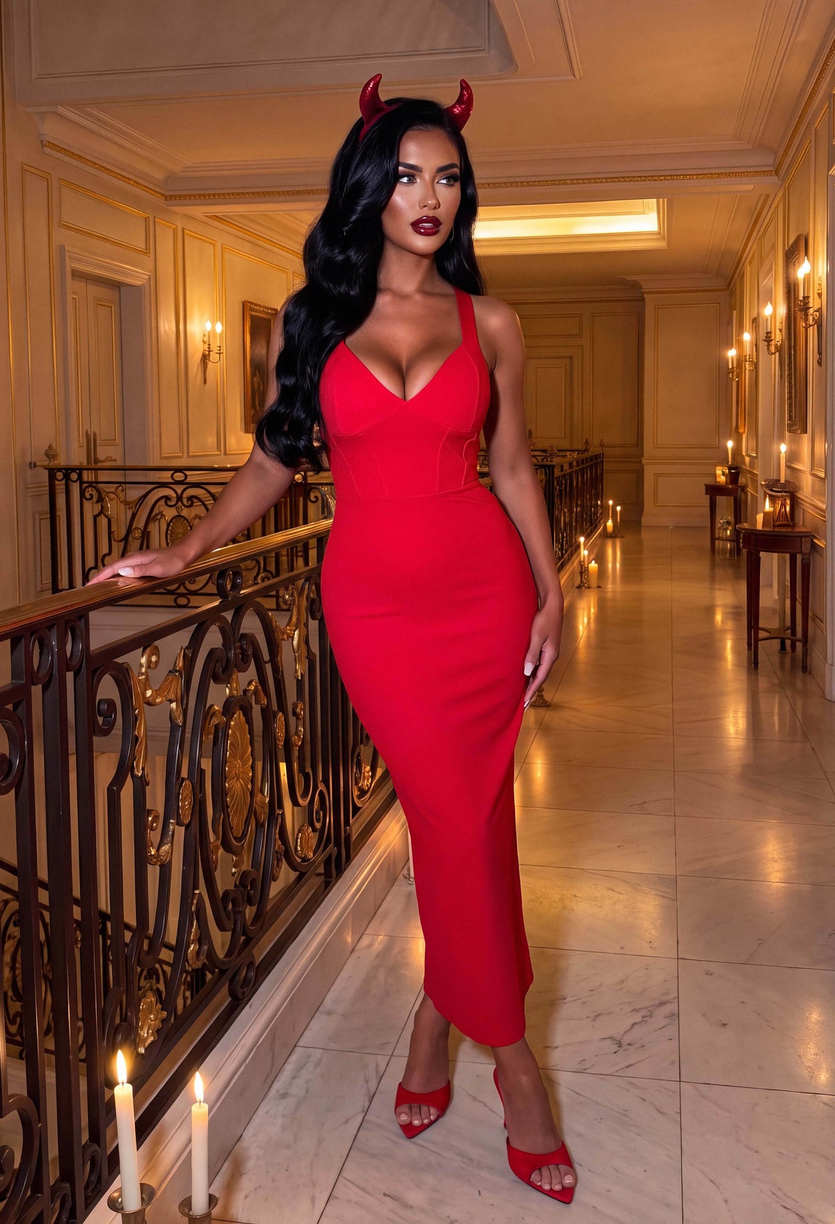Red seamed bust pencil dress with wide straps, sculpting seam detail and a fitted midaxi length.