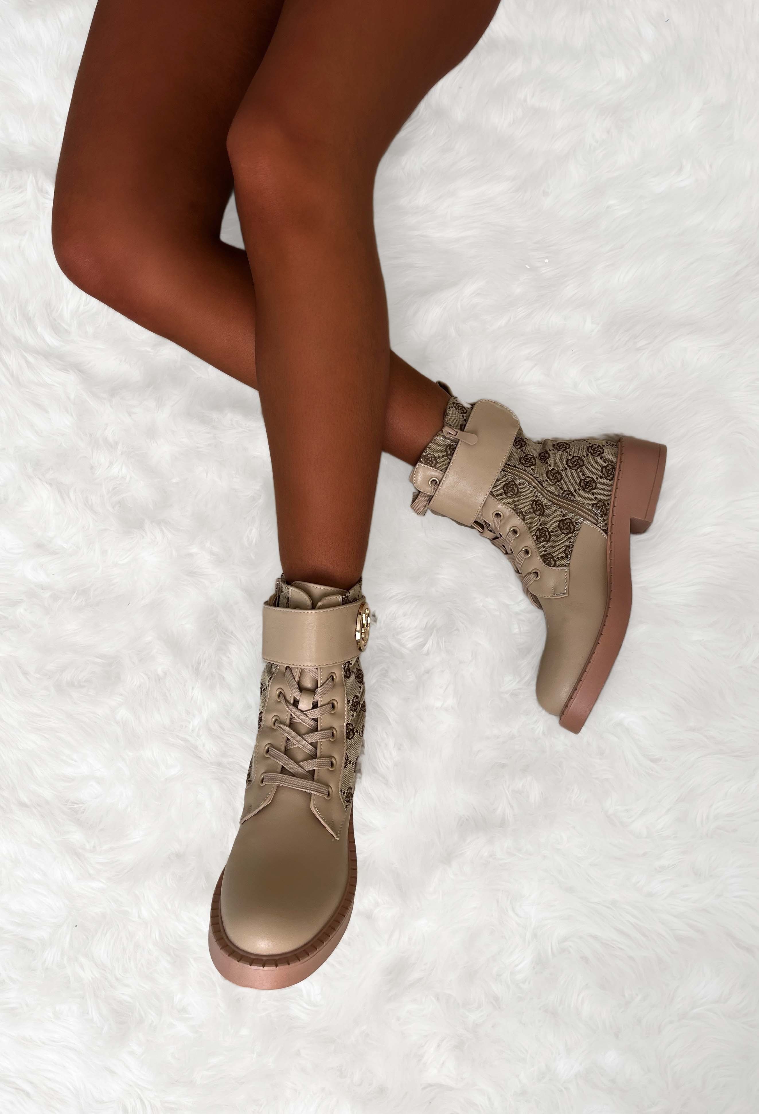 Secret Illusion Beige Buckle Strap Lace Up Printed Boots