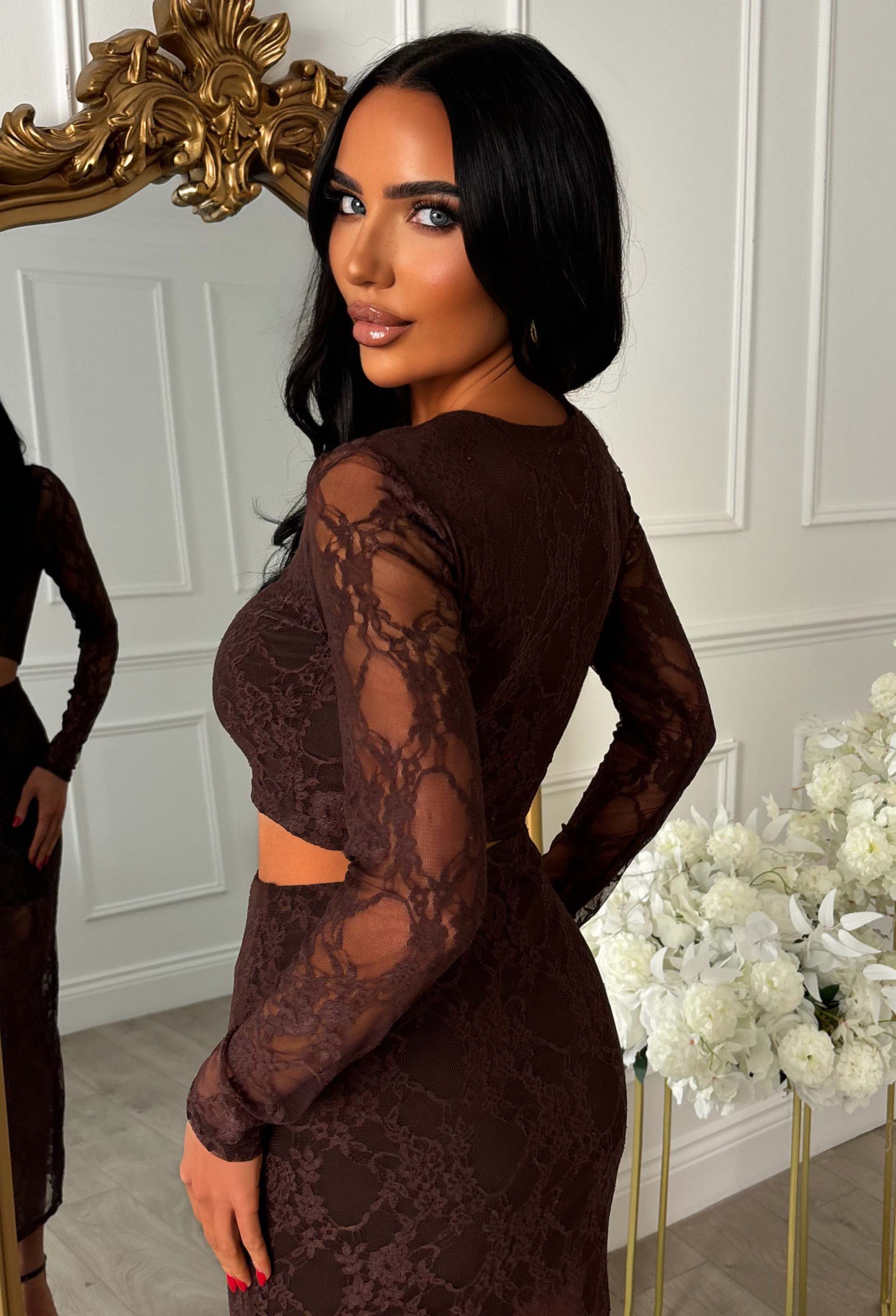 Secrets Exposed Brown Lace Midi Skirt Co-ord Set
