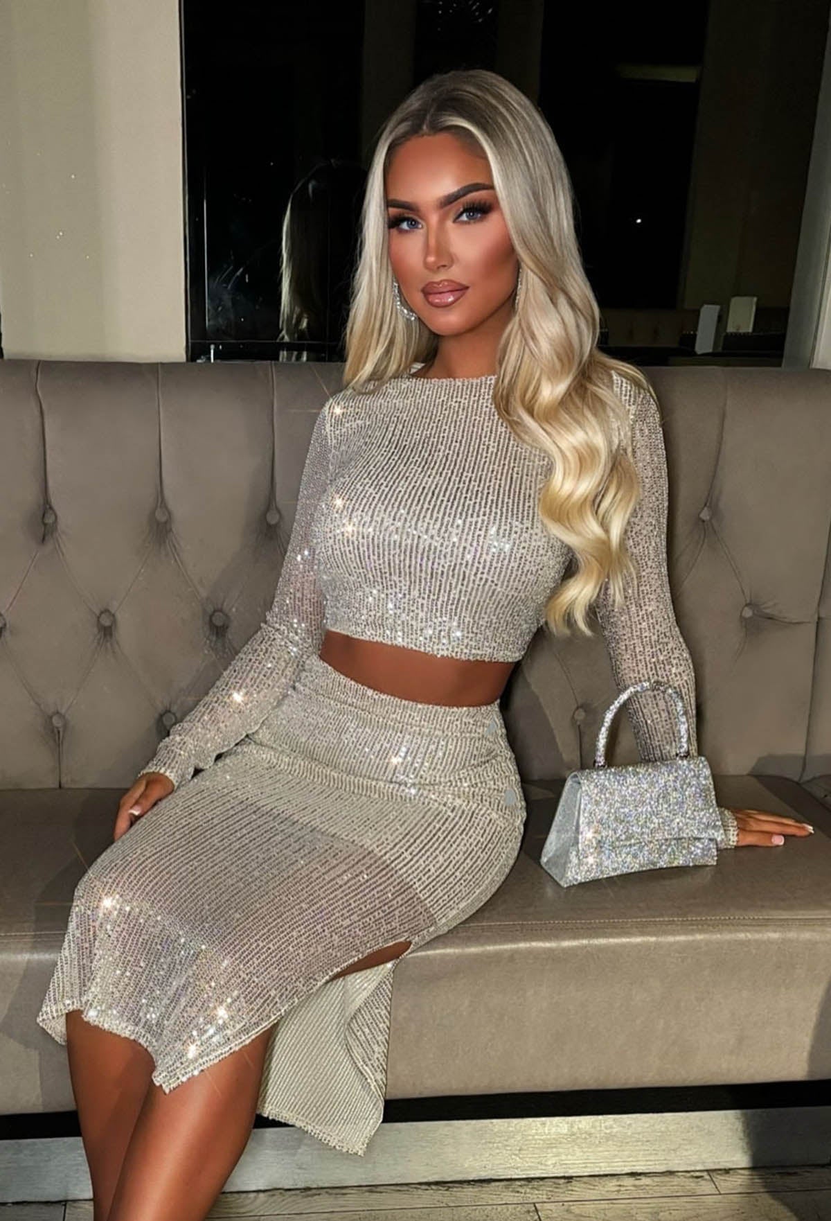 Secrets Exposed Silver Sequin Midi Skirt Co-ord Set